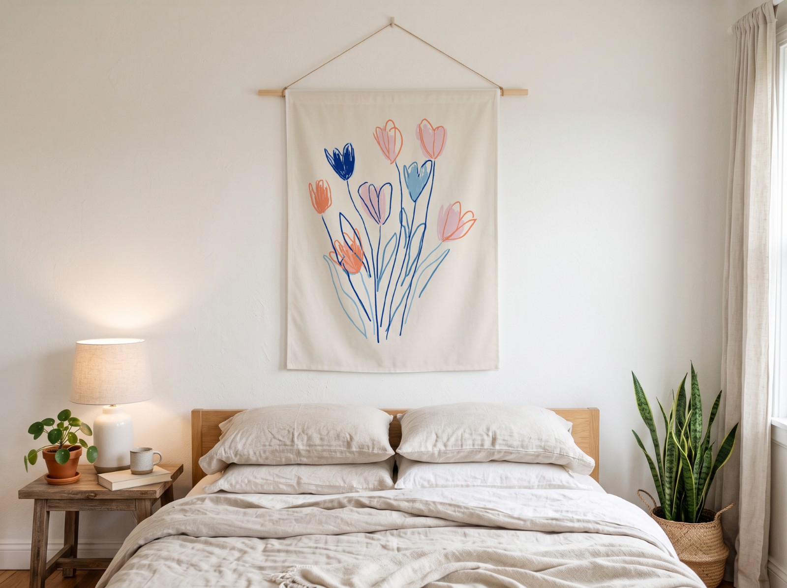 White Wall Tapestry on a Wooden Dowel Above a Bed showing the hand-drawn Flowers artwork