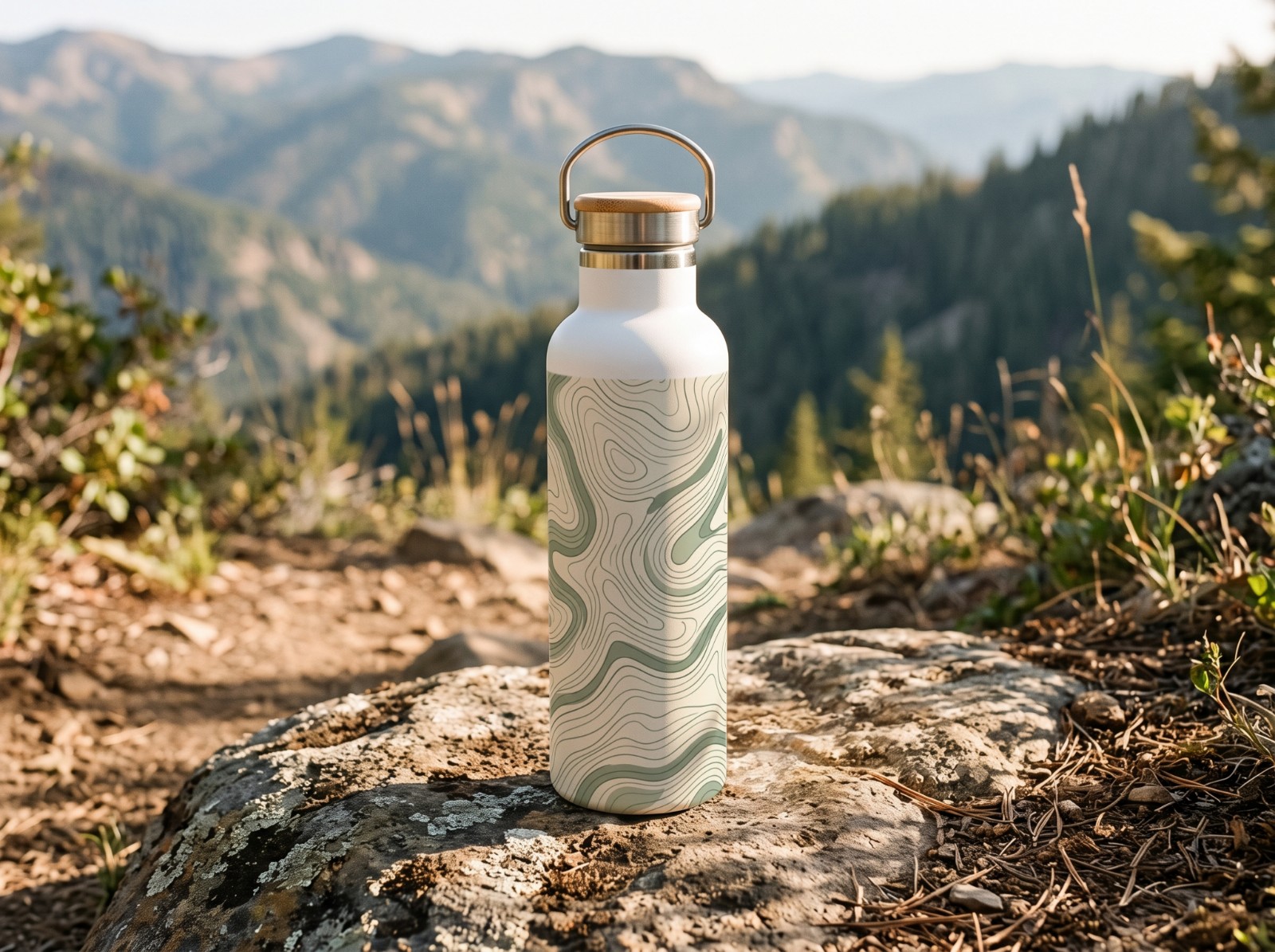 White Water Bottle with Bamboo Lid on a Mountain Trail showing a sage topographic map pattern