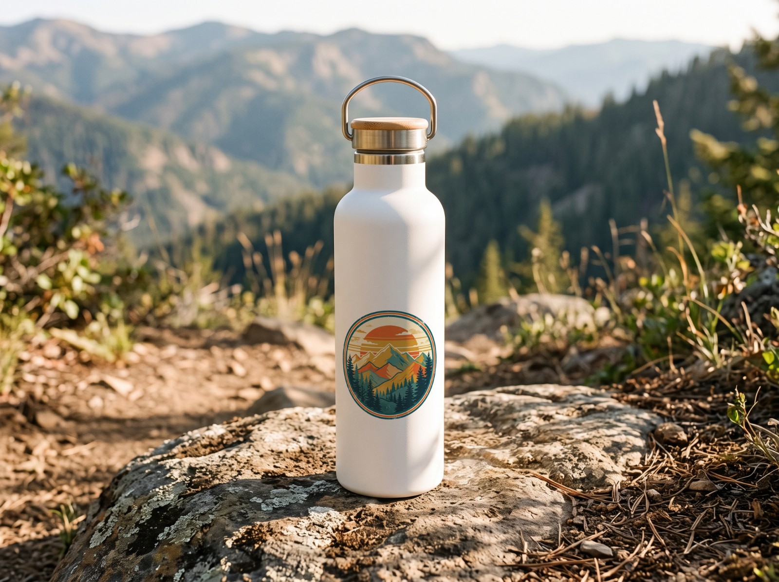White Water Bottle with Bamboo Lid on a Mountain Trail showing a retro mountain sunset badge