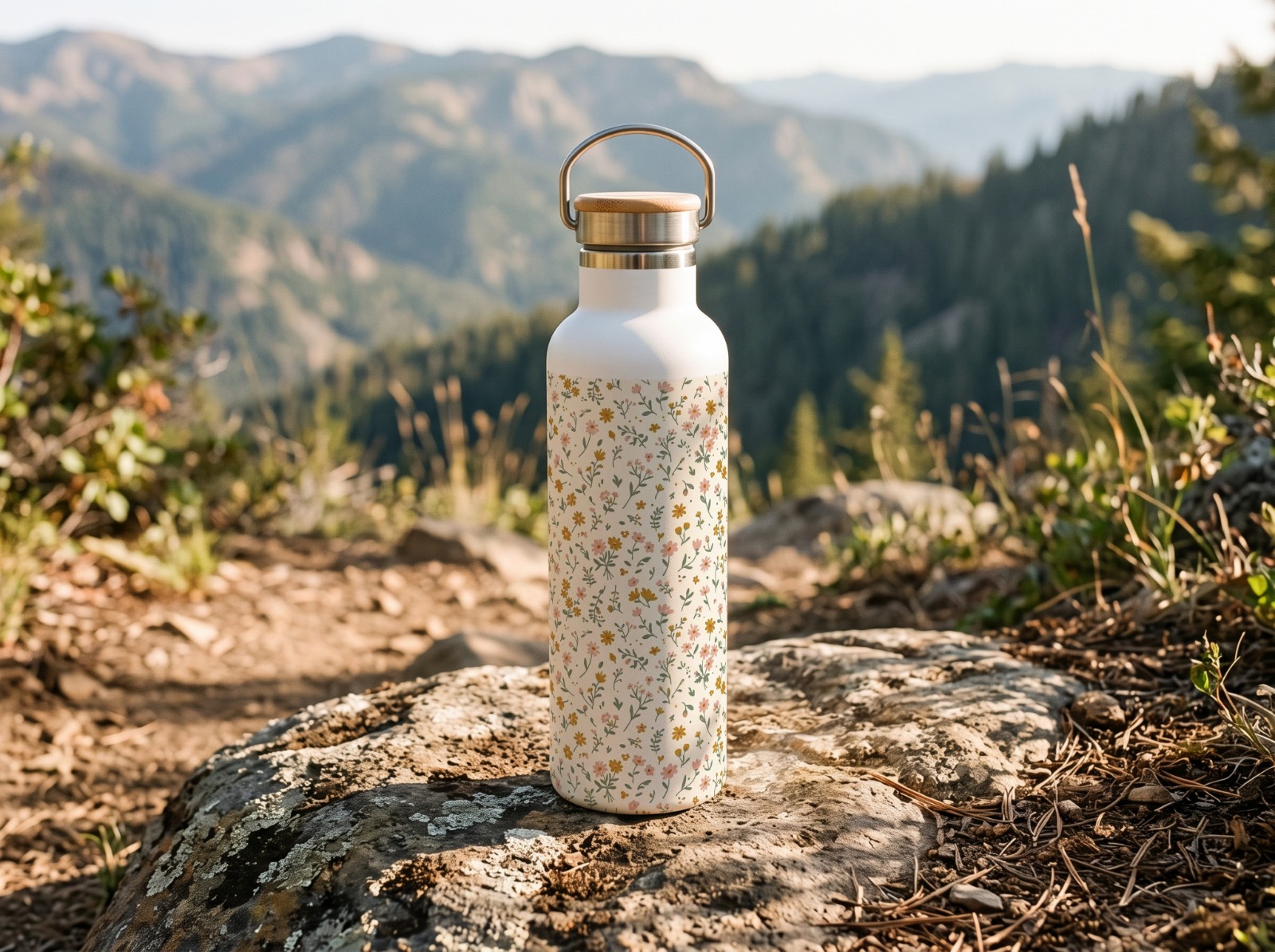 White Water Bottle with Bamboo Lid on a Mountain Trail showing a ditsy wildflower pattern