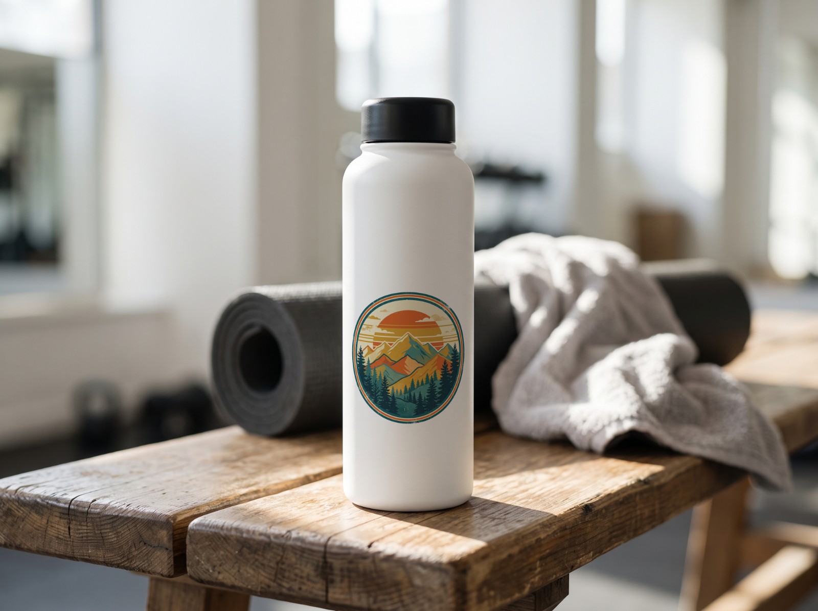 White Water Bottle on a Gym Bench showing a retro mountain sunset badge