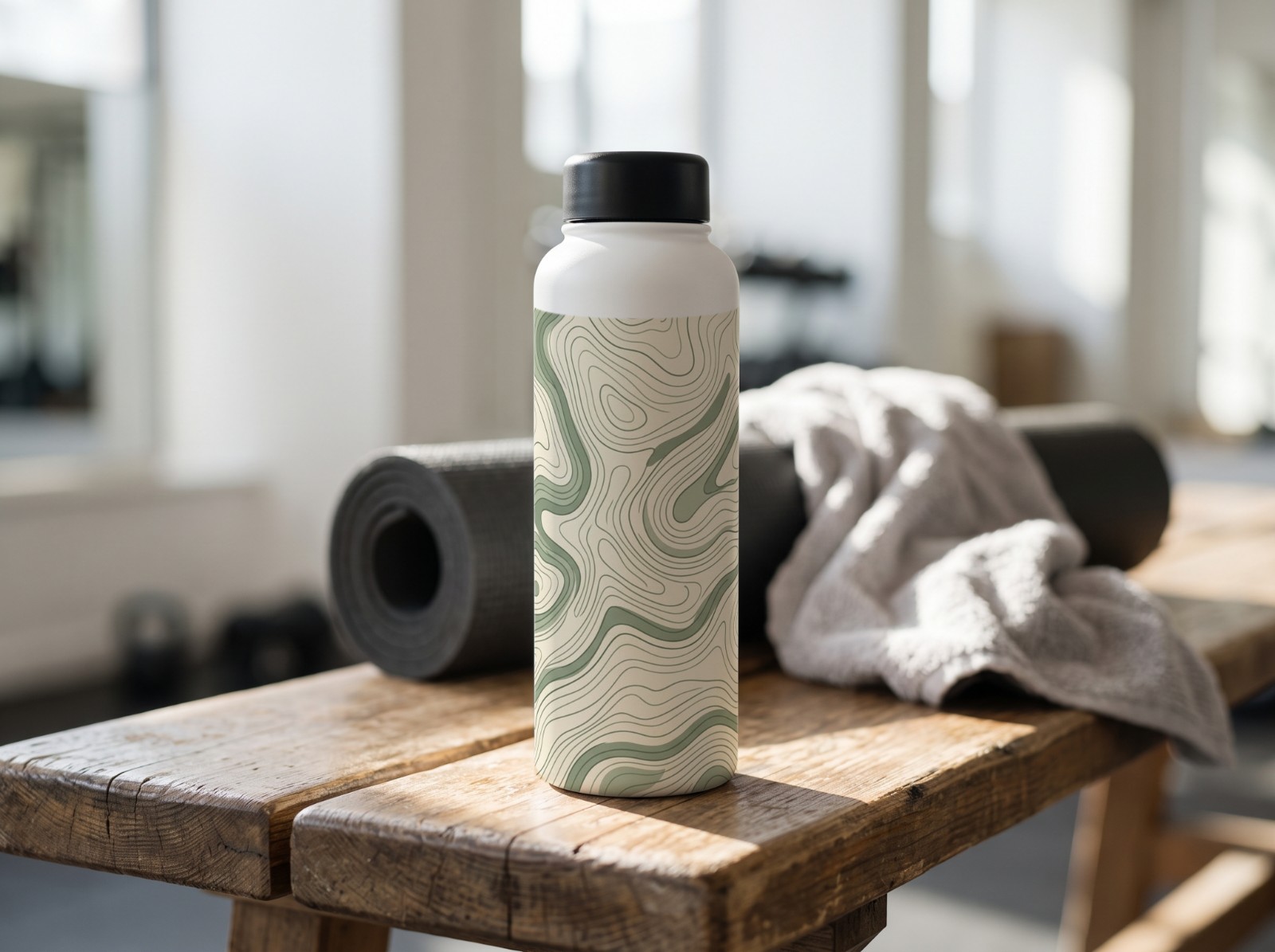 White Water Bottle on a Gym Bench showing a sage topographic map pattern