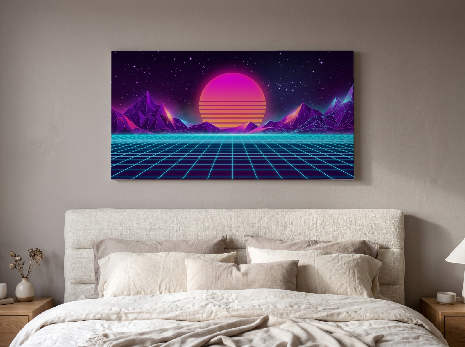 White Wide Canvas Mockup above a Bed with a Taupe Wall example