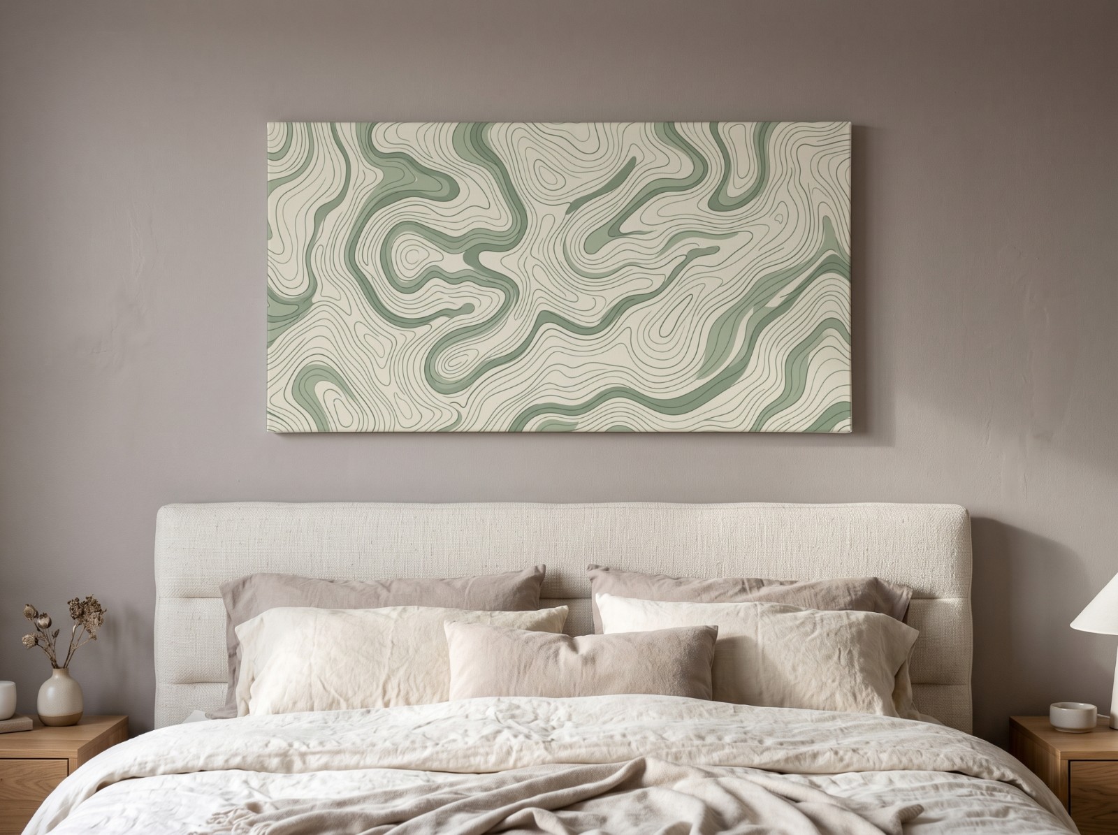 White Wide Canvas above a Bed with a Taupe Wall showing a sage topographic map pattern