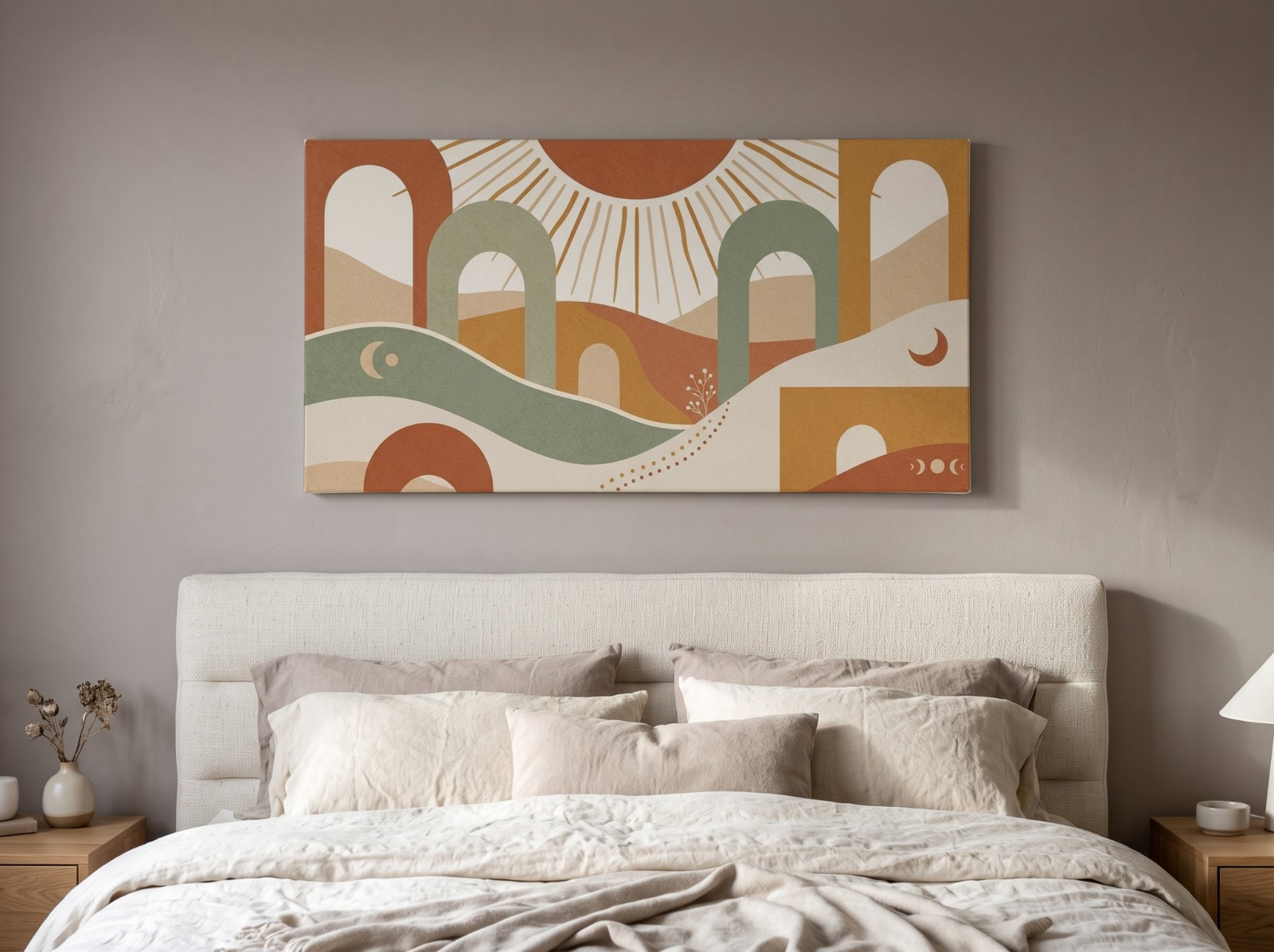 White Wide Canvas above a Bed with a Taupe Wall showing a boho sun wall art