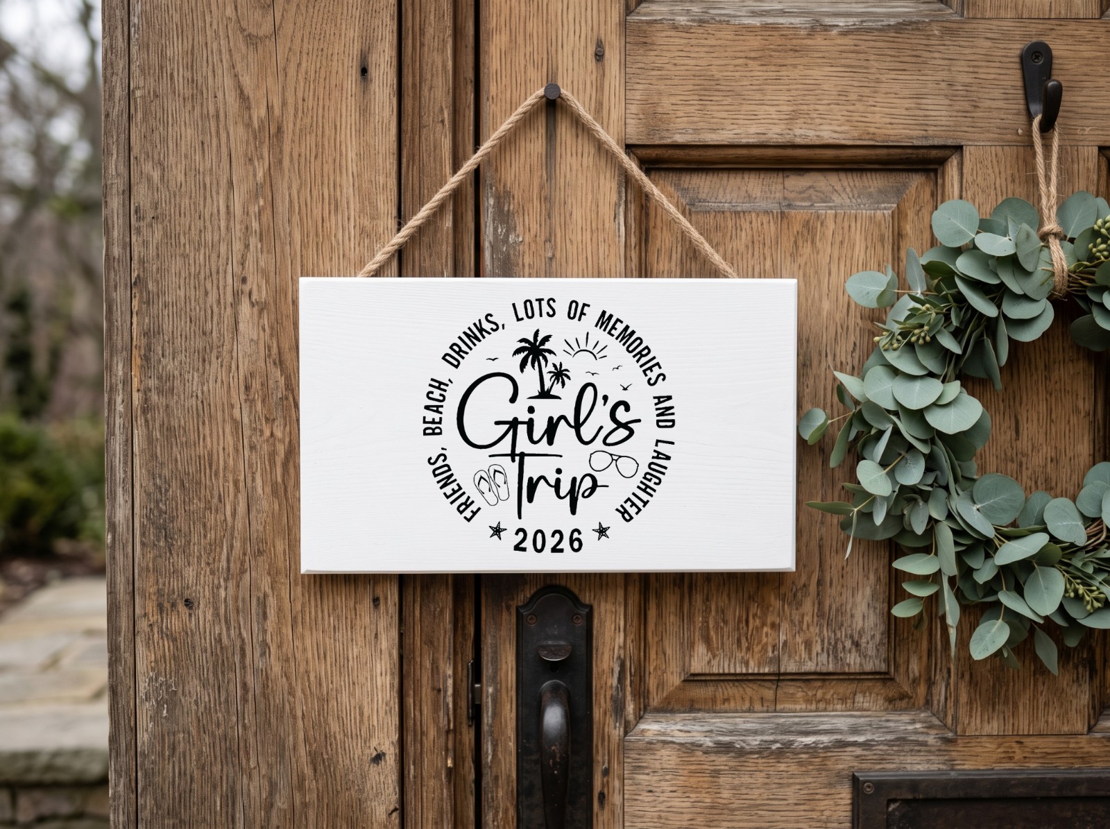 White Wooden Sign Mockup on a Rustic Door with a Wreath example