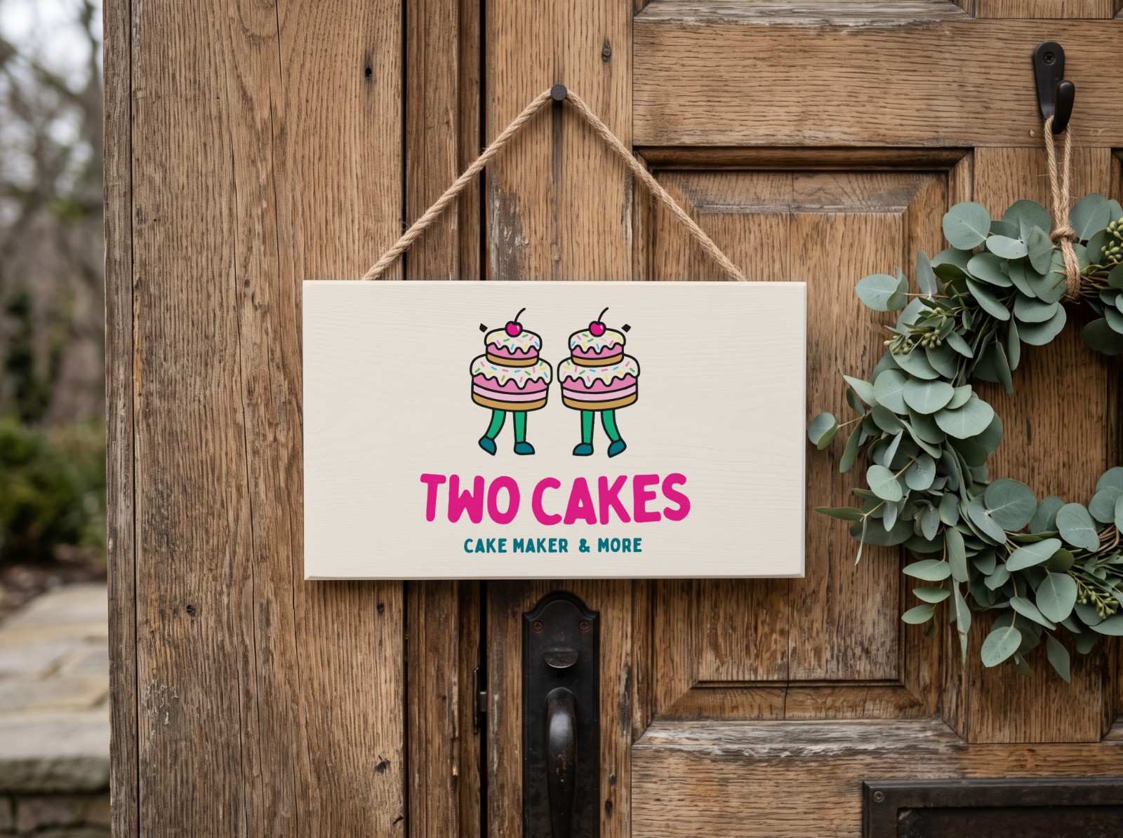 White Wooden Sign on a Rustic Door with a Wreath showing the Two Cakes logo