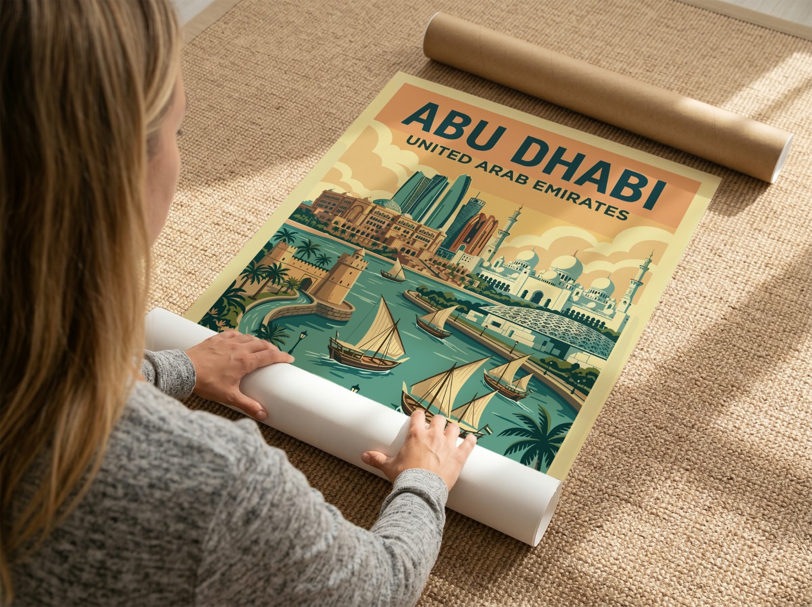 Woman Unrolling Poster on Jute Rug showing an Abu Dhabi travel poster