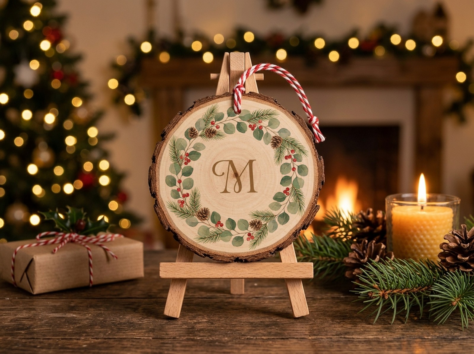 Wood Slice Christmas Ornament Mockup on an Easel by the Fireplace example