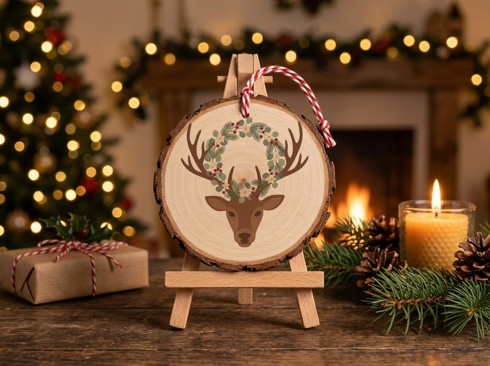 Wood Slice Christmas Ornament on an Easel by the Fireplace showing a watercolour reindeer with a winter wreath