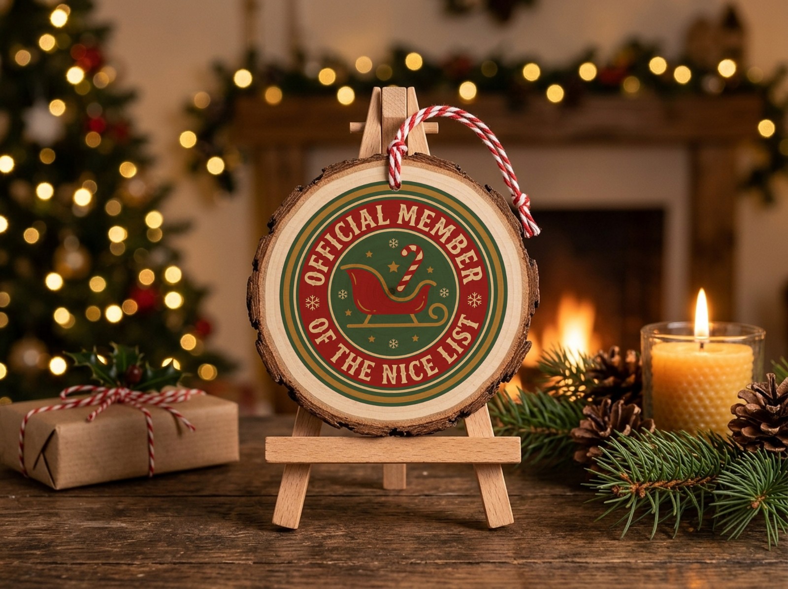 Wood Slice Christmas Ornament on an Easel by the Fireplace showing a Nice List badge design