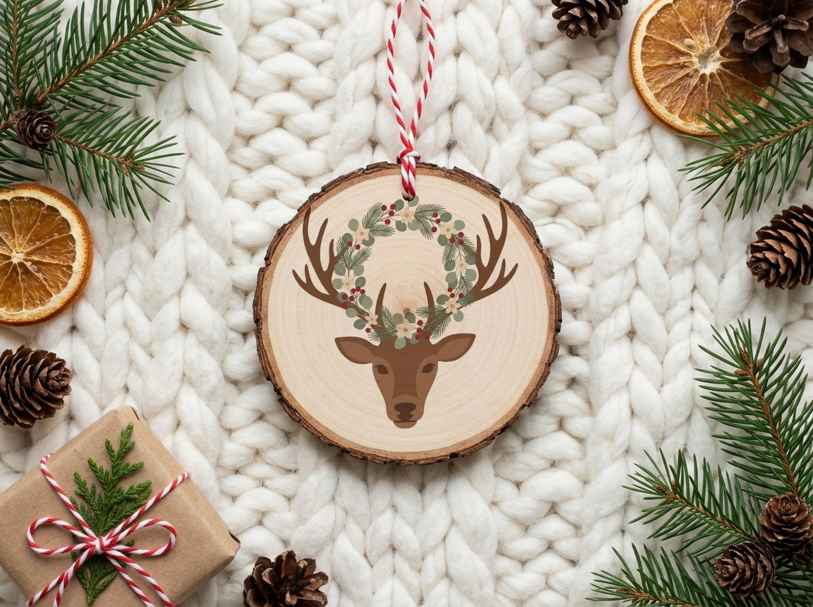 Wood Slice Christmas Ornament Mockup Flat Lay on a Chunky Knit example