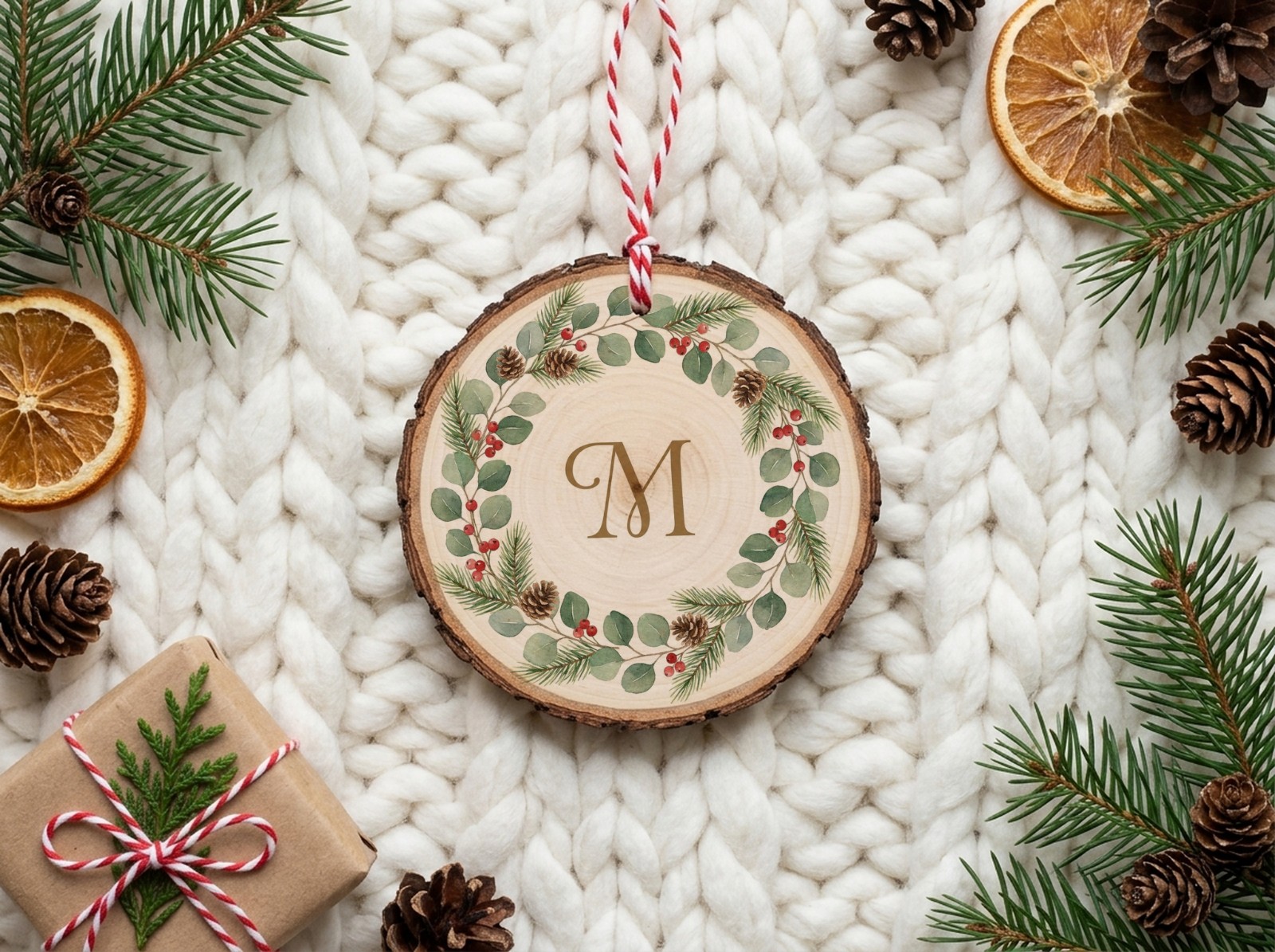 Wood Slice Christmas Ornament Flat Lay on a Chunky Knit showing a watercolour wreath monogram design
