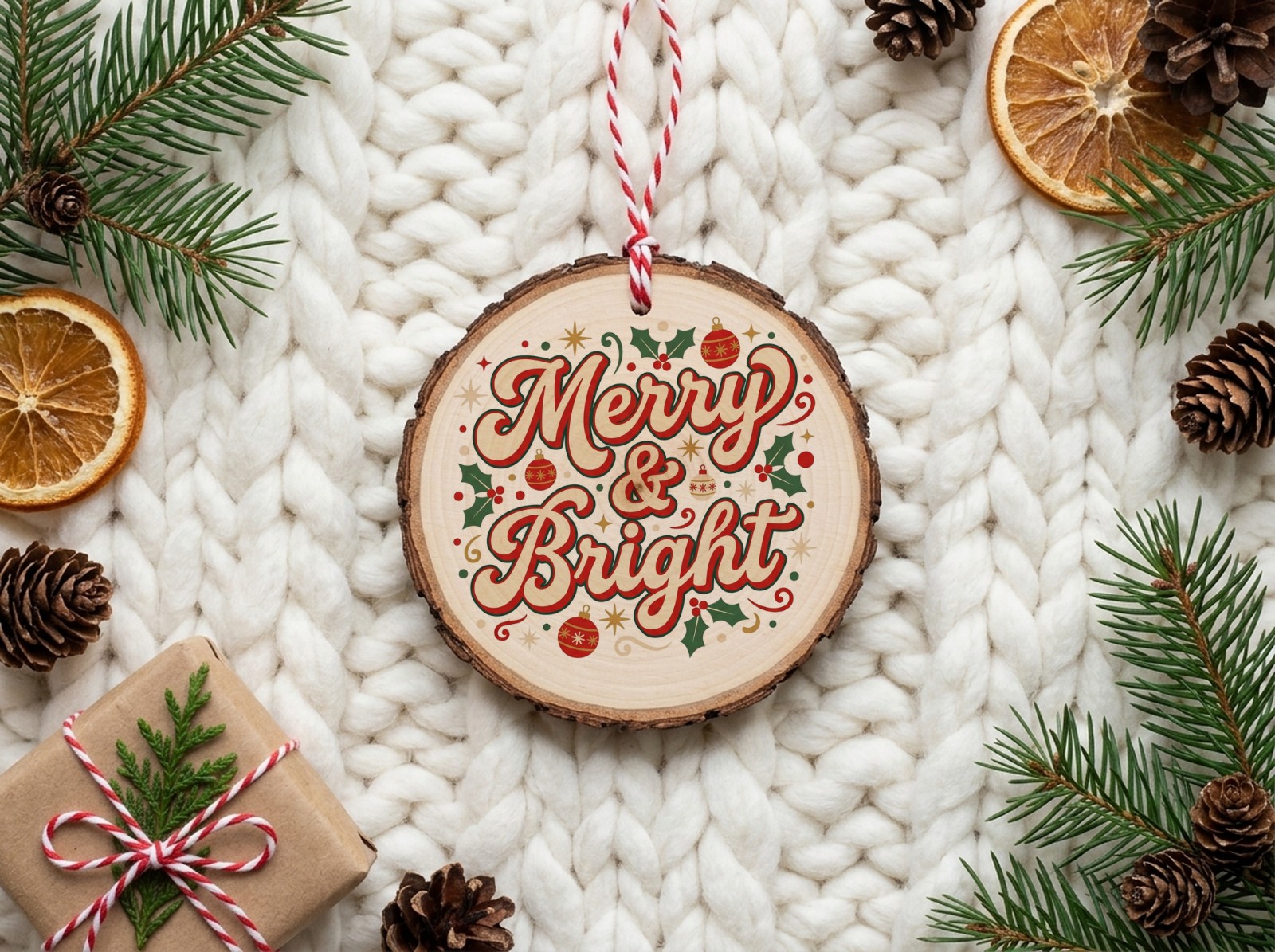 Wood Slice Christmas Ornament Flat Lay on a Chunky Knit showing a retro Merry & Bright design