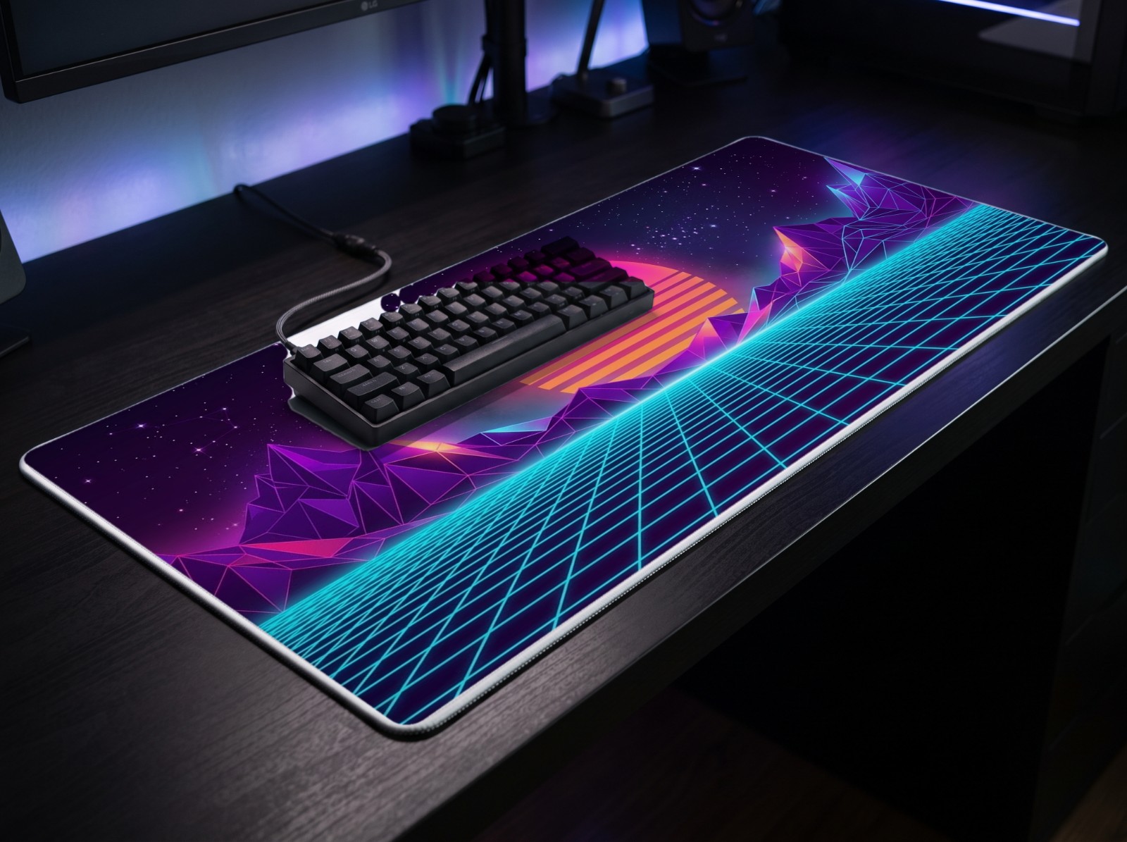 XL Gaming Mouse Pad Mockup on a Neon Desk with a Keyboard example