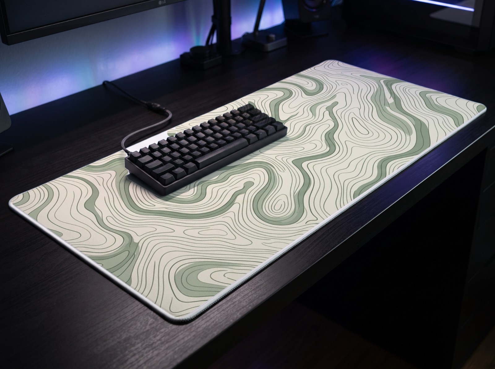 XL Gaming Mouse Pad on a Neon Desk with a Keyboard showing a sage topographic map pattern