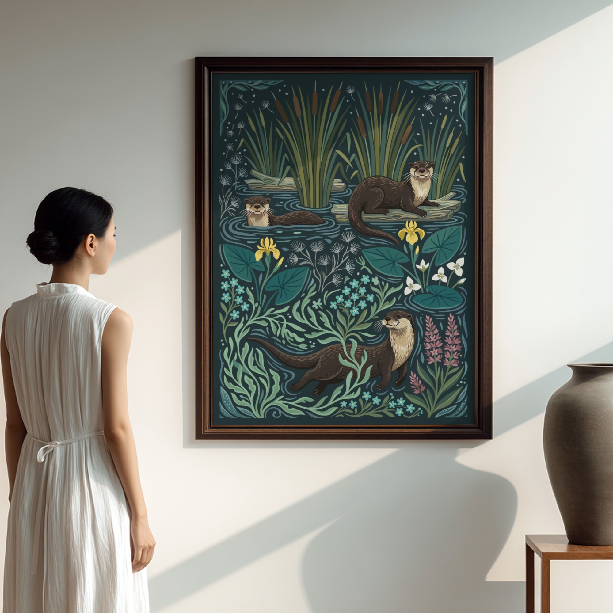 Poster PSD mockup, a lady staring in a poster in a living room example