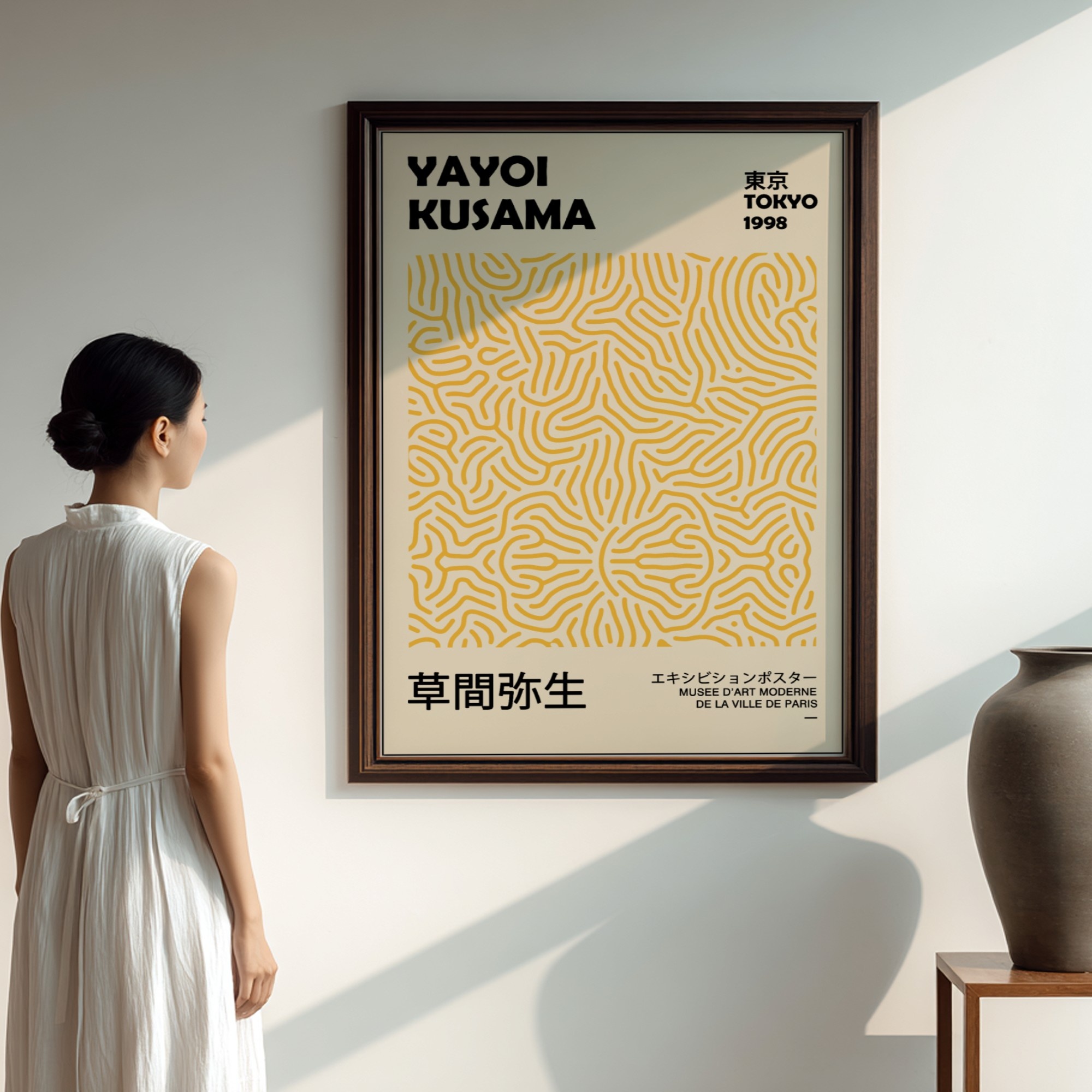 Poster PSD mockup, a lady staring in a poster in a living room