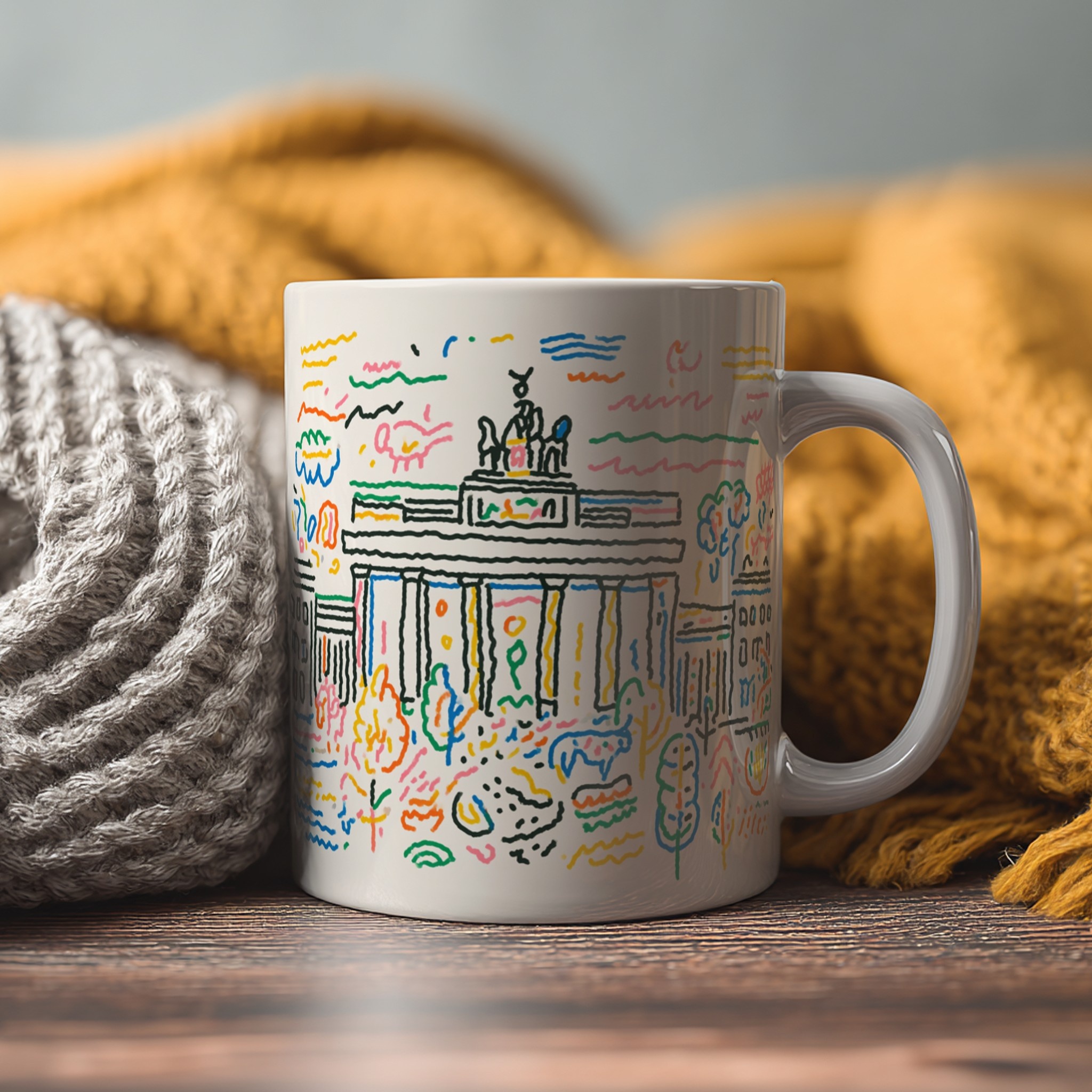 White mug with custom design in front of knitted scarves — mockup example
