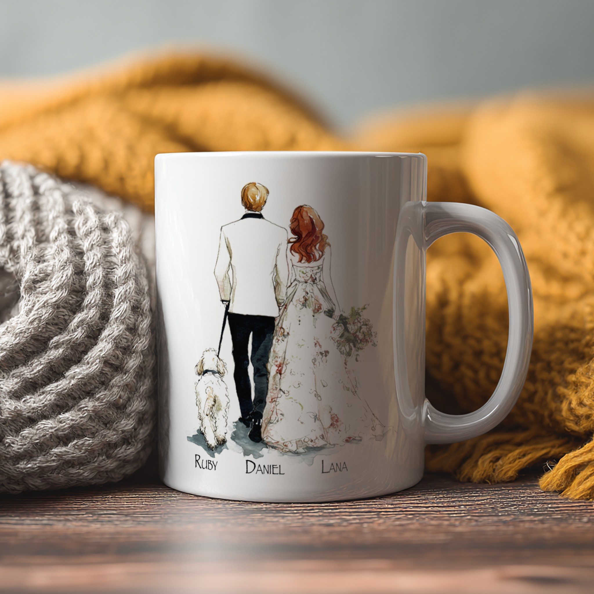 White coffee mug with print design, cosy scarves lifestyle scene — Scaylr mockup