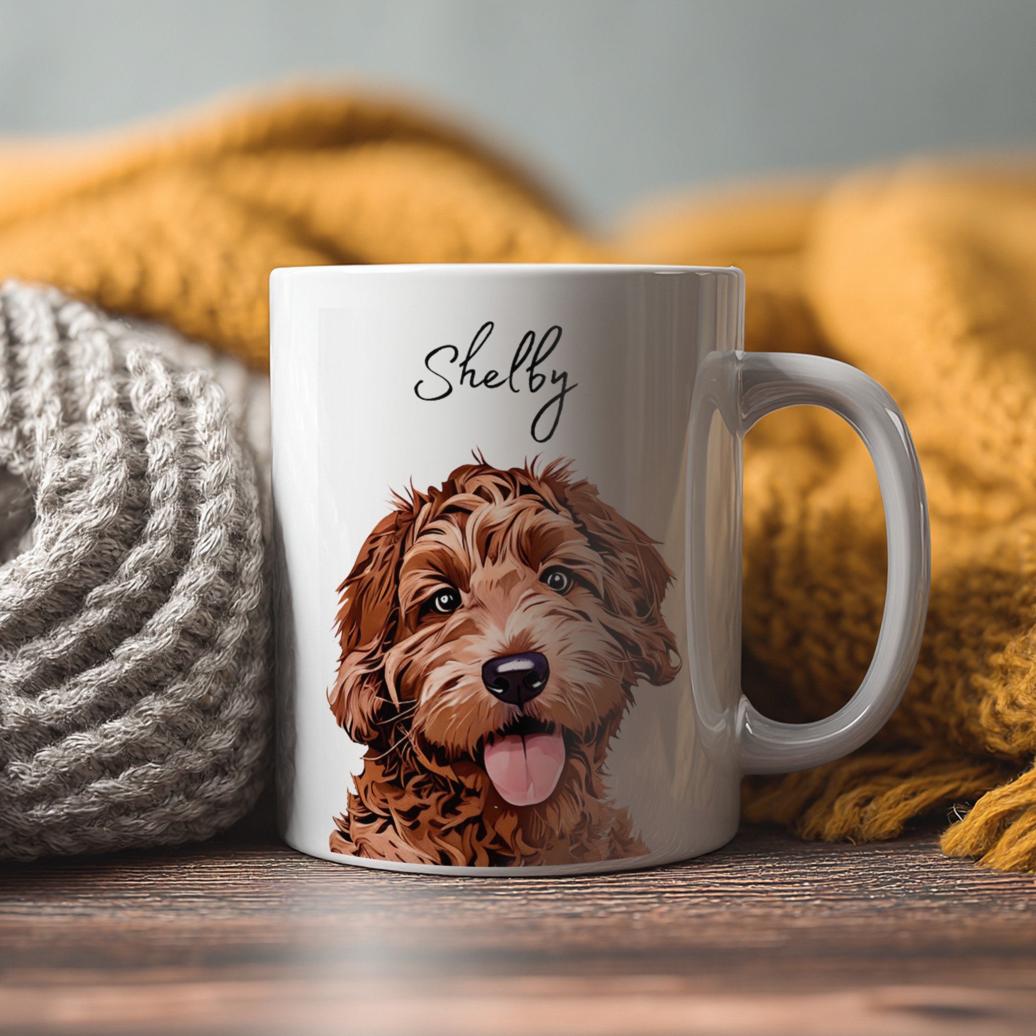 White Mug Mockup on Table with Scarves example