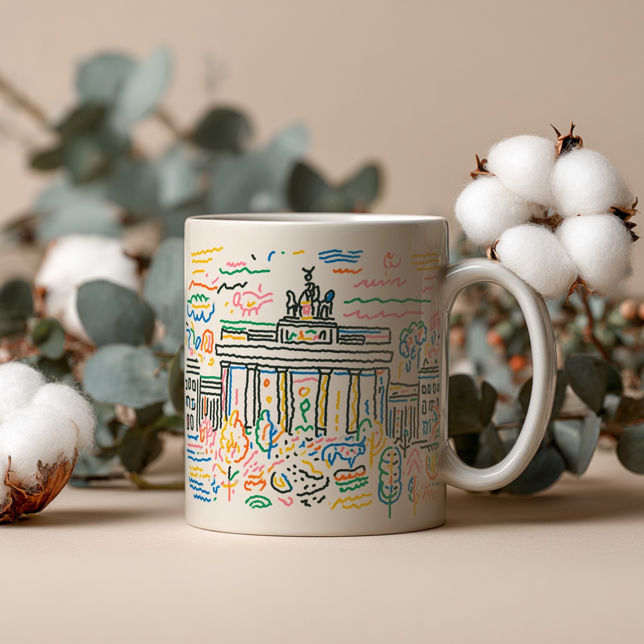 White mug with custom design surrounded by cotton balls — mockup example