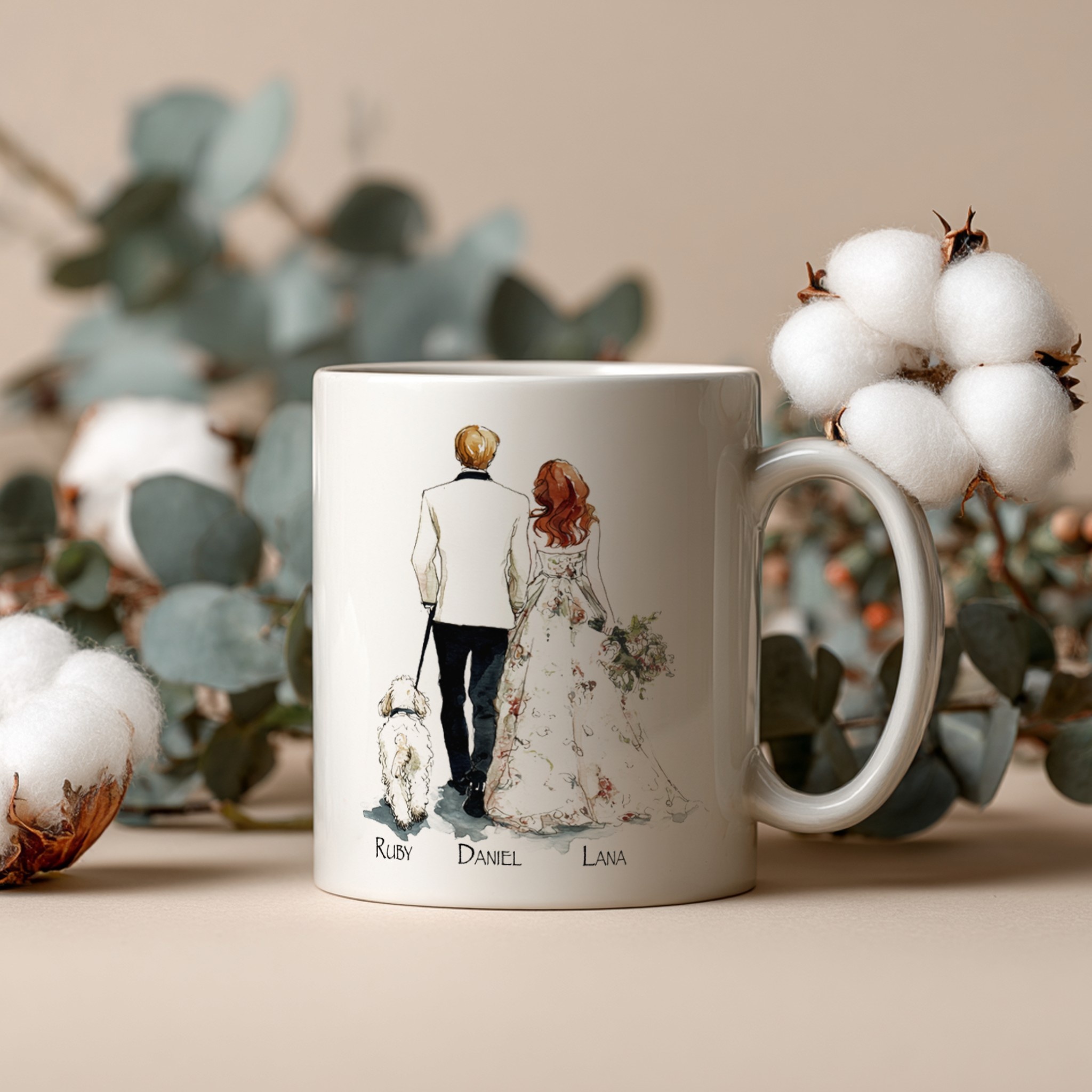 White coffee mug with print design, cotton balls spa aesthetic — Scaylr mockup