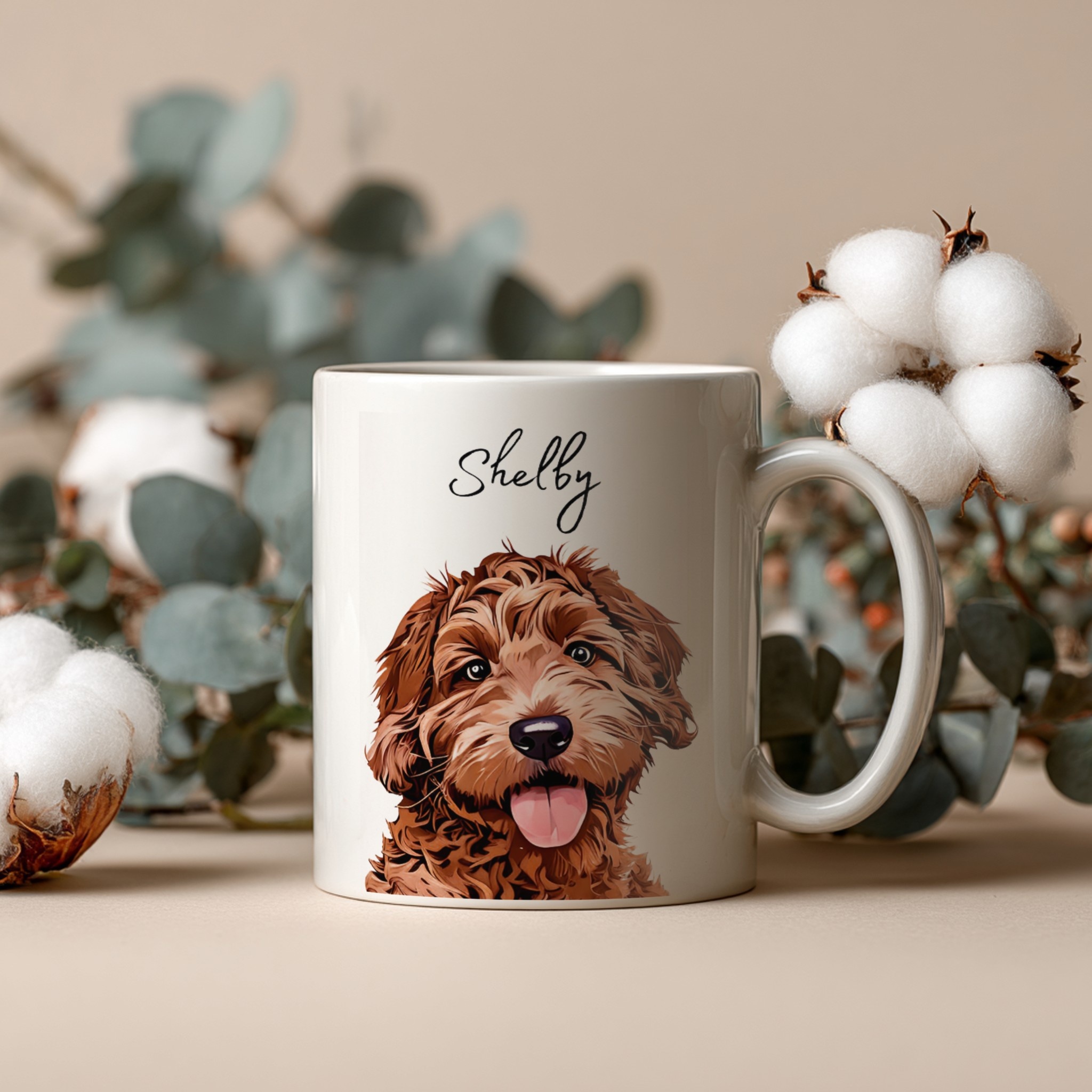 White Mug Mockup with Cotton Balls example
