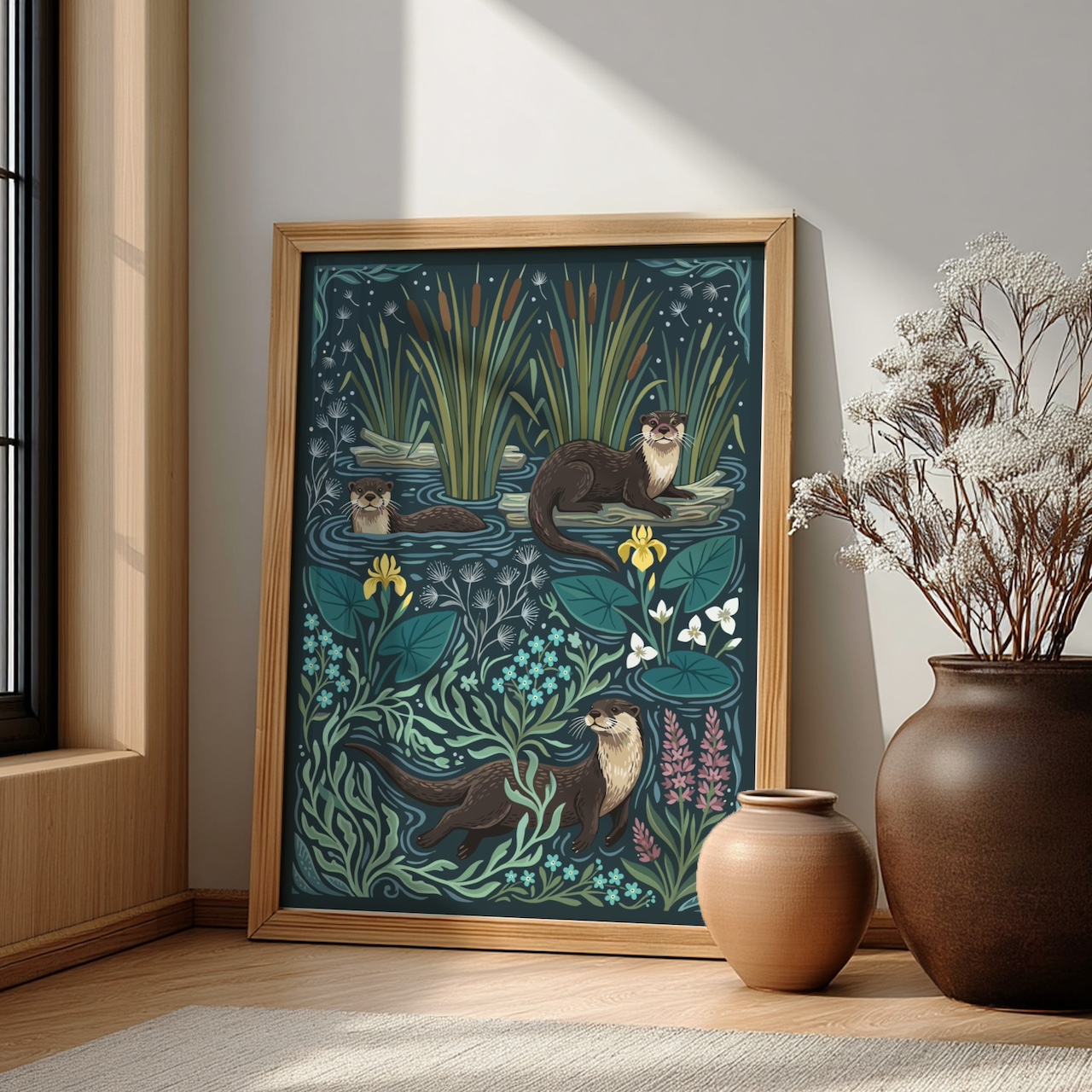 Oak frame mockup with otter illustration in living room