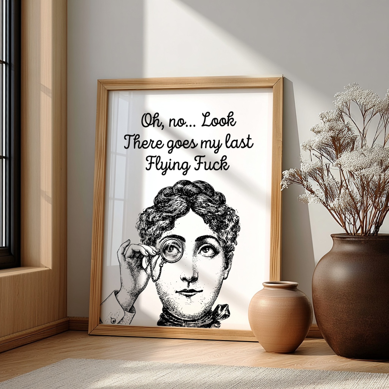 Oak frame mockup with vintage portrait in living room