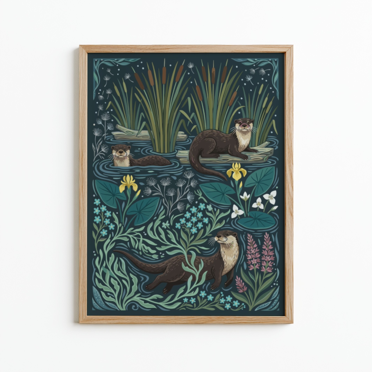 Oak frame mockup with otter illustration on white background