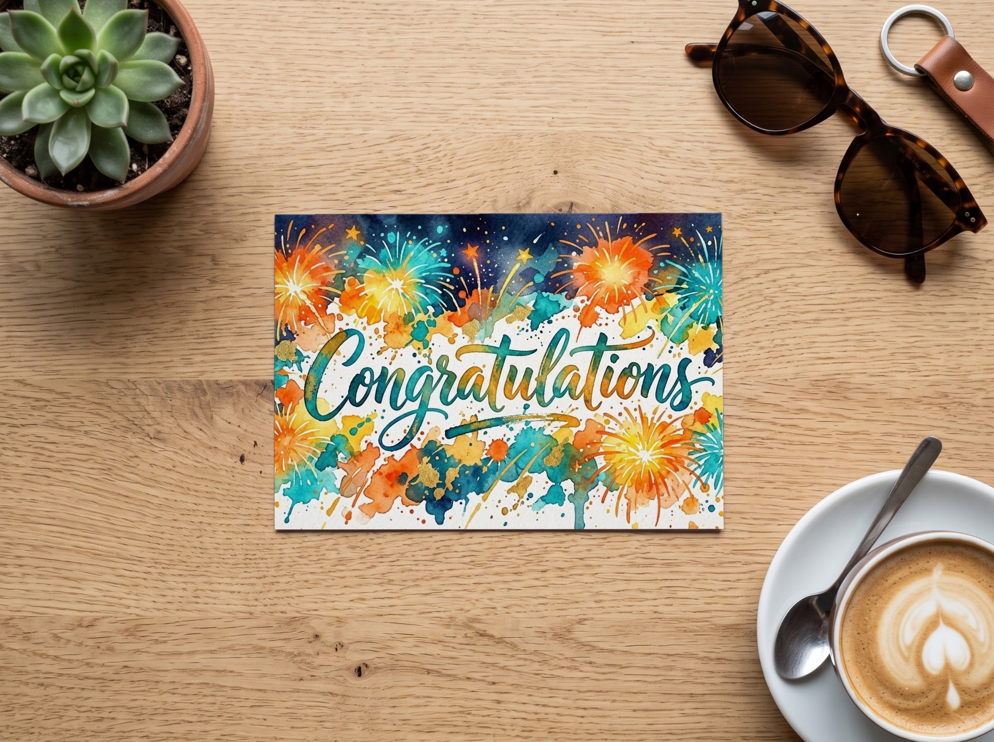 Postcard Mockup on an Oak Cafe Table