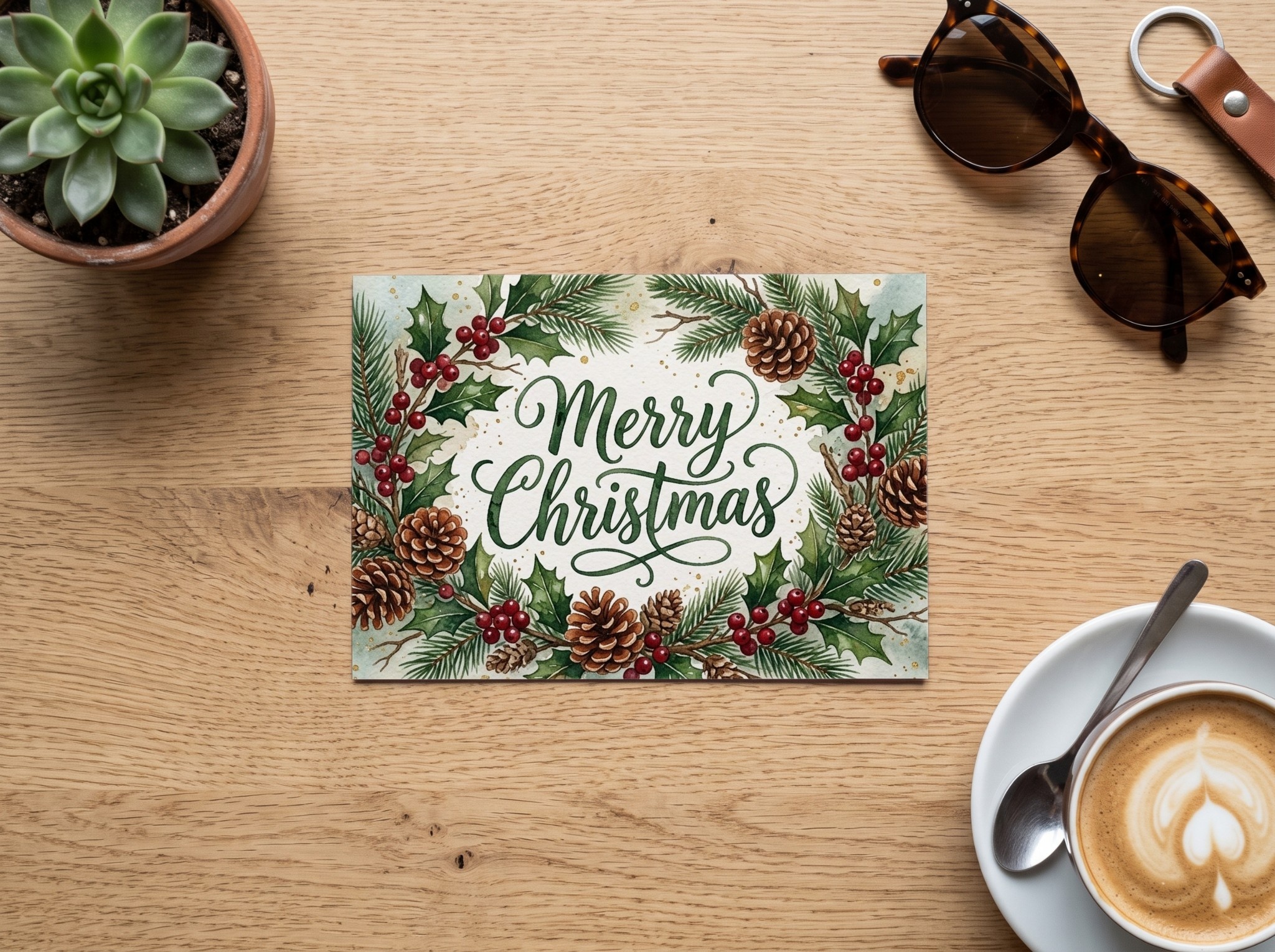 Postcard Mockup on an Oak Cafe Table