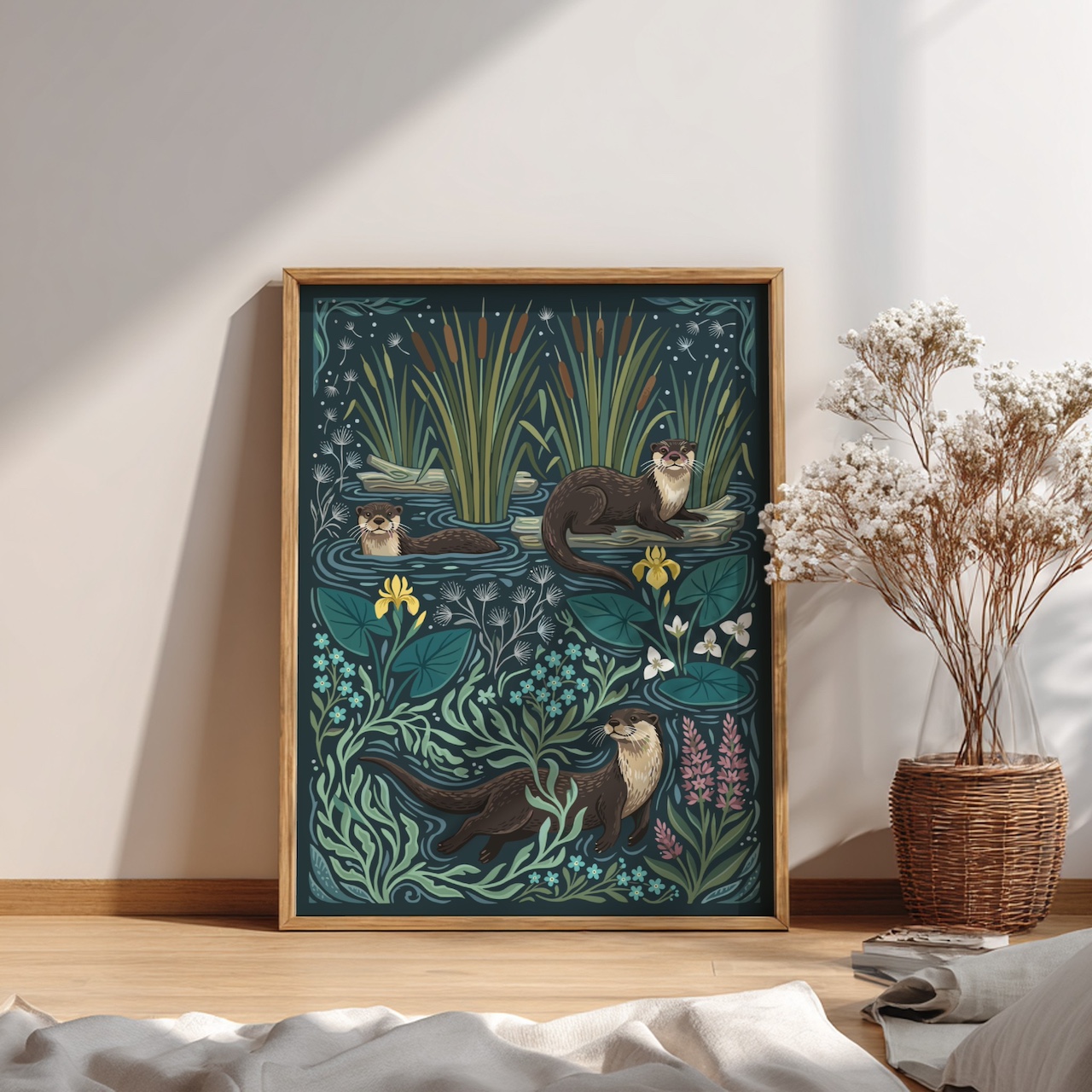 Oak frame on bedroom floor with otter illustration