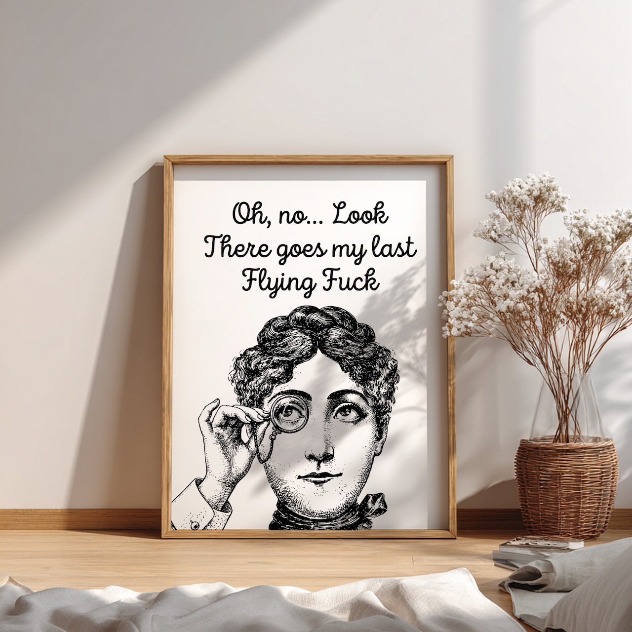 Oak frame on bedroom floor with vintage portrait
