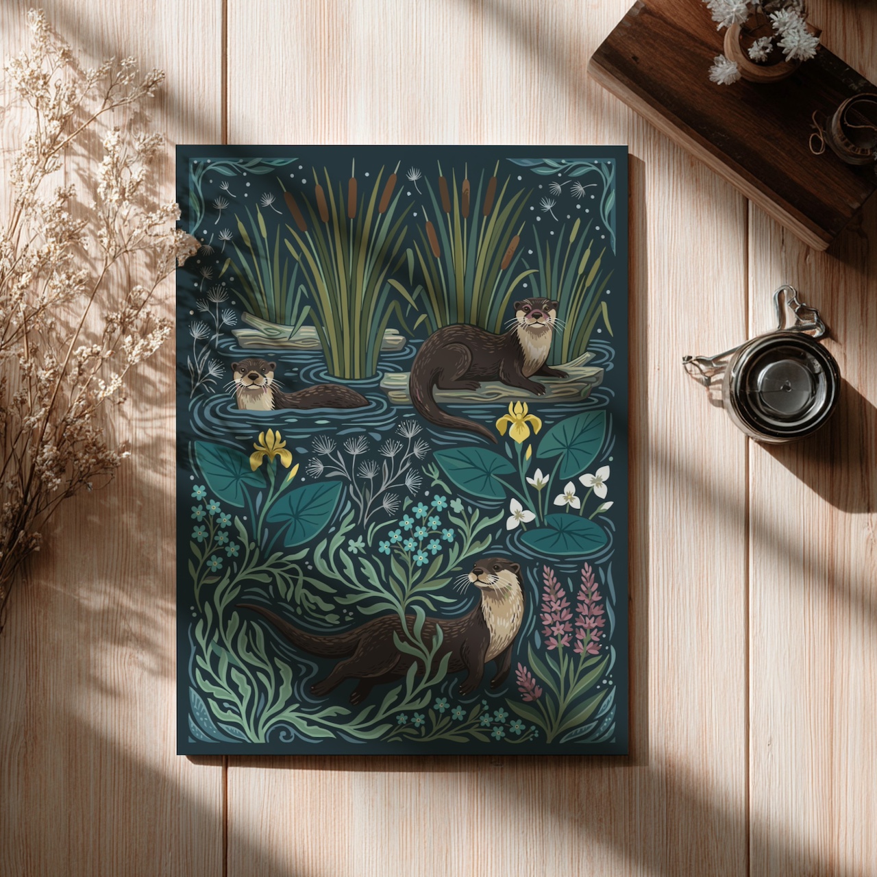 Unframed poster mockup with otter illustration on floor