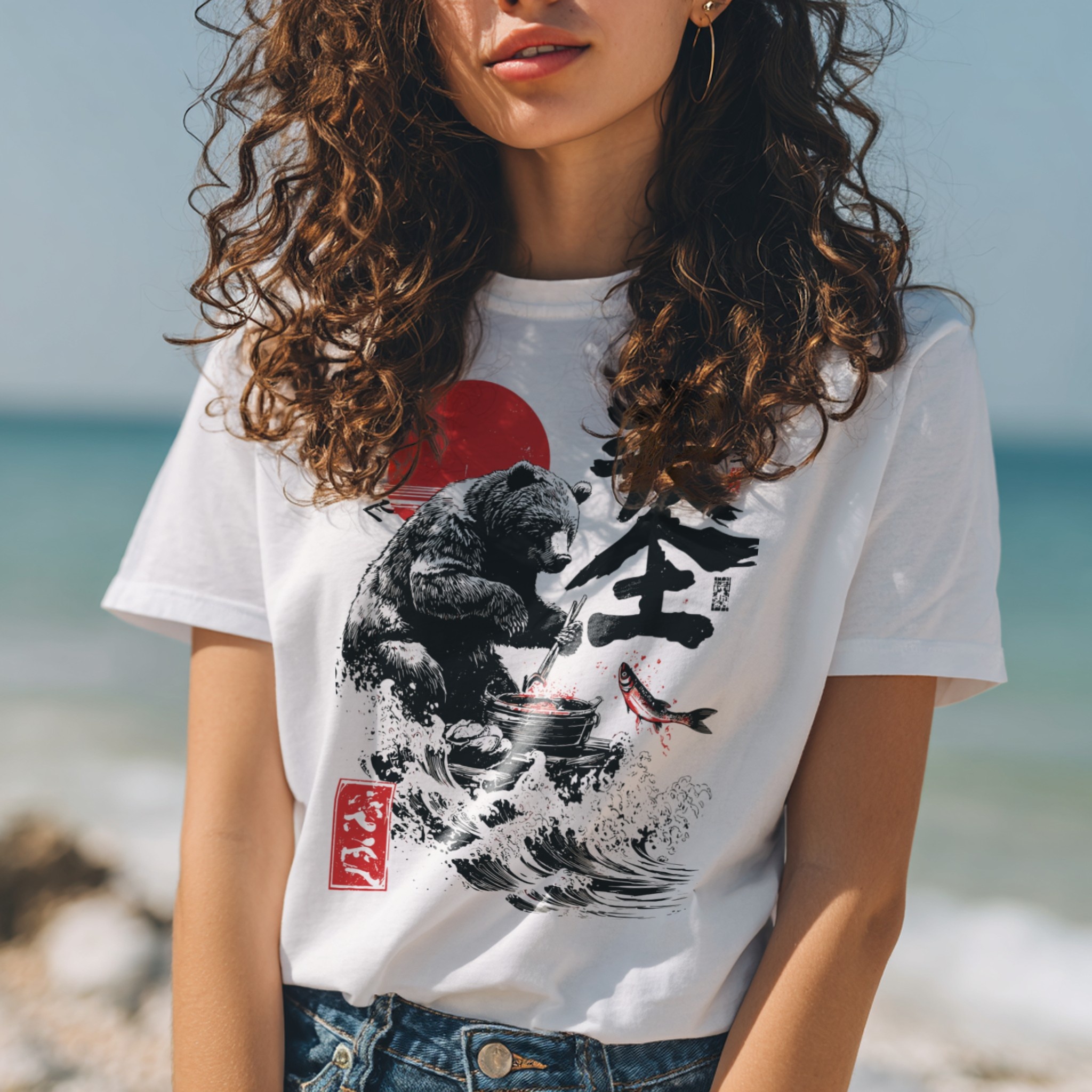 White t-shirt mockup on woman at seafront with bold design