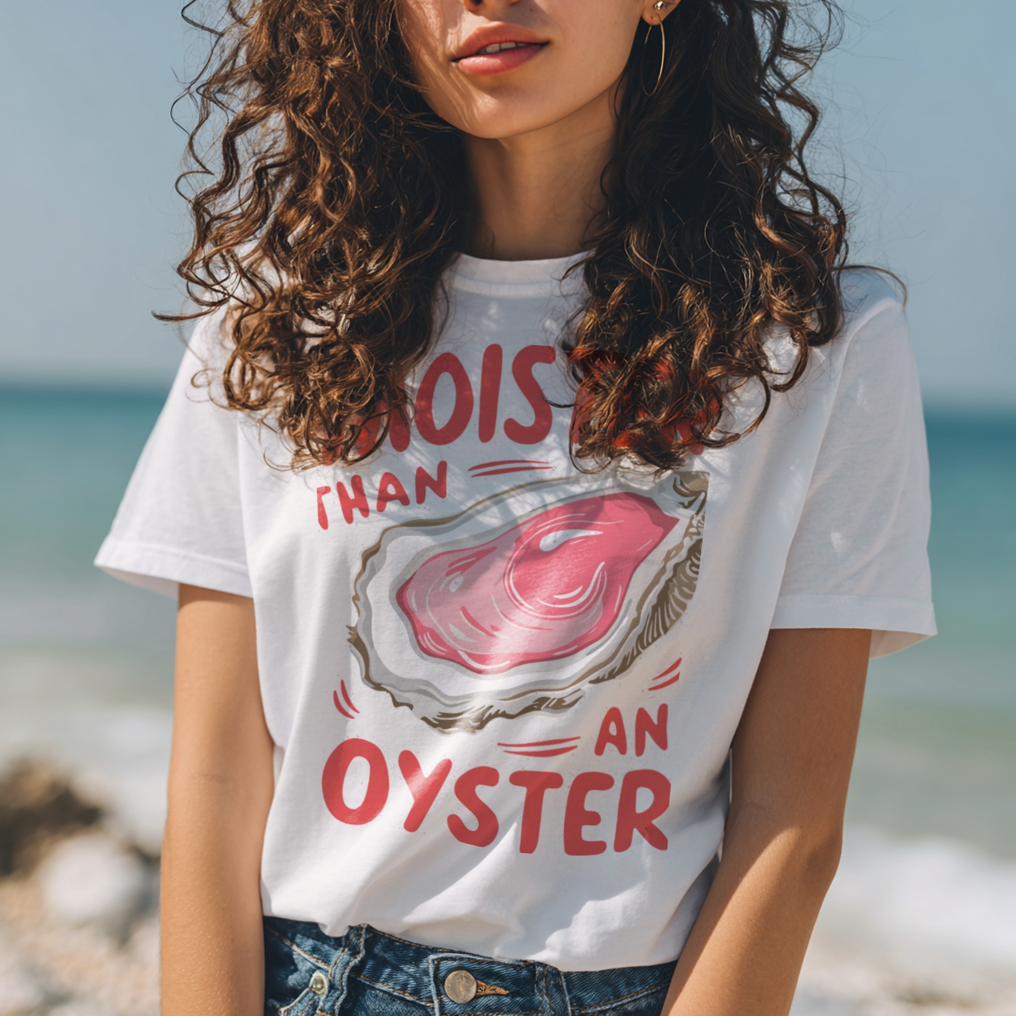 White T-Shirt Mockup Woman on Bright Seafront example