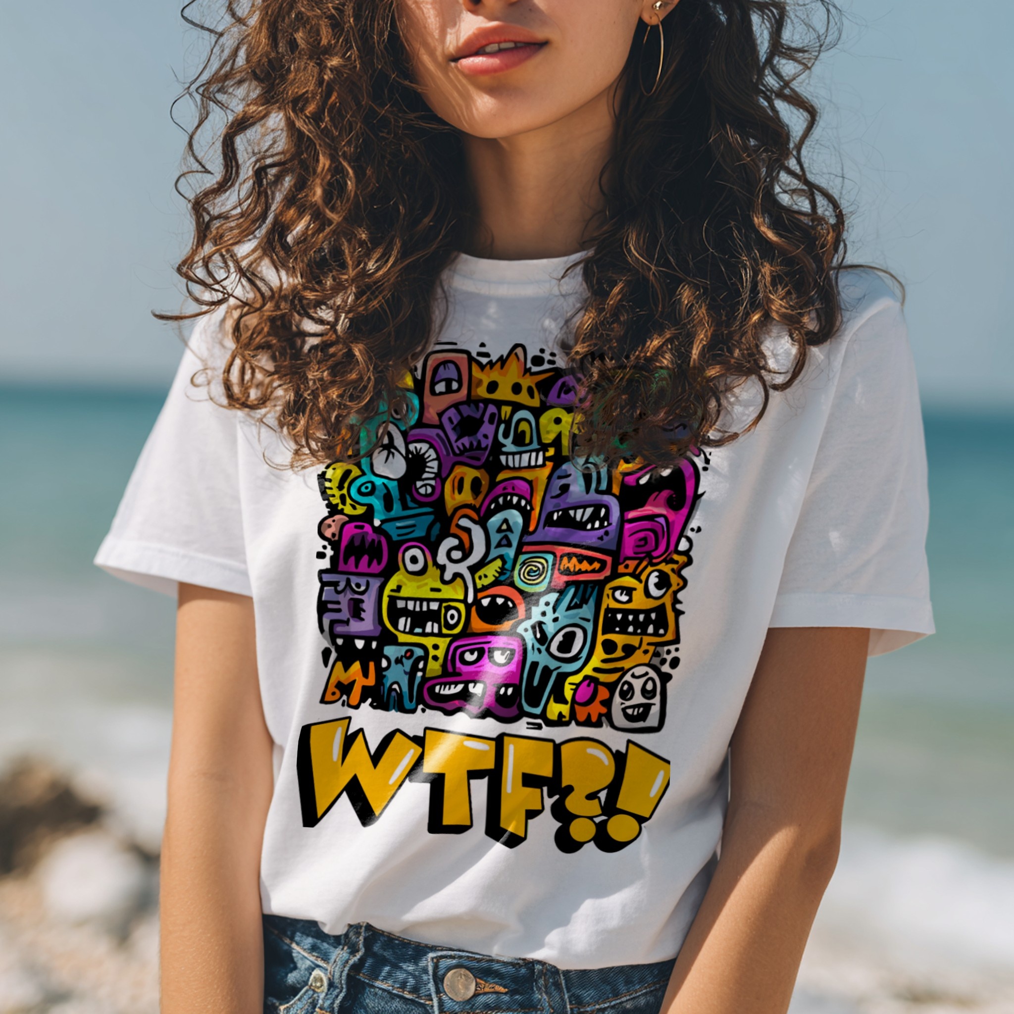 White t-shirt mockup on woman at seafront with illustrated artwork