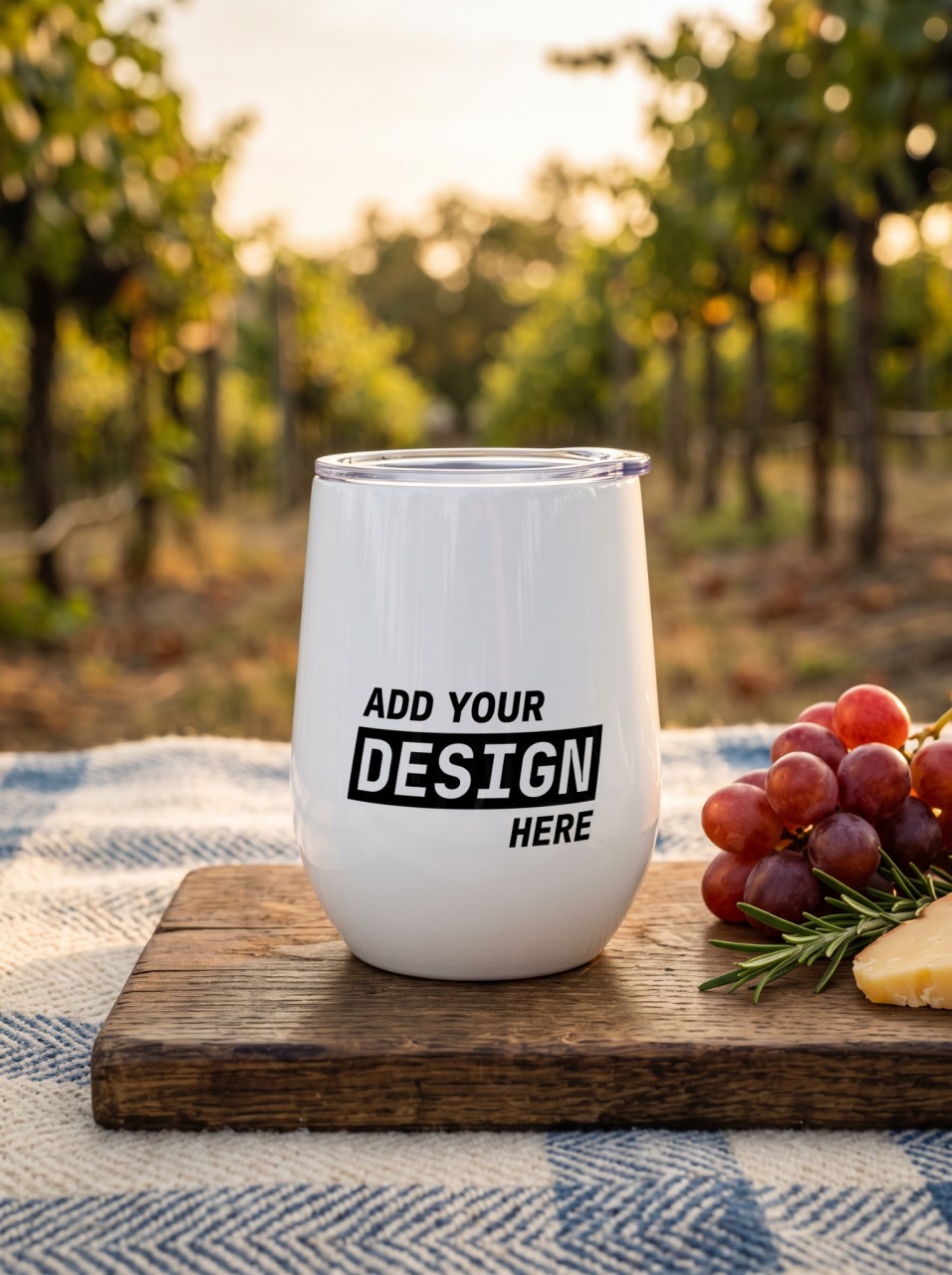 12 oz Wine Tumbler Mockup at a Vineyard Picnic