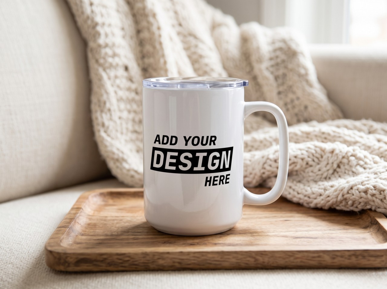 15 oz Mug Tumbler with Handle Mockup on a Cosy Sofa Tray