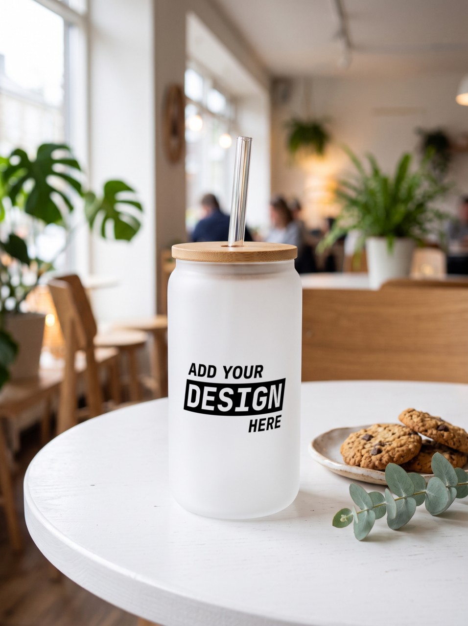 16 oz Frosted Glass Can Mockup with Bamboo Lid in a Café