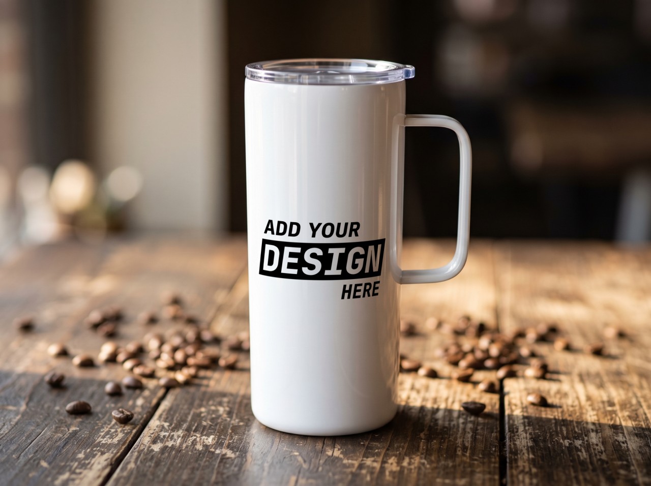 20 oz Mug Tumbler with Handle Mockup on a Rustic Cafe Table