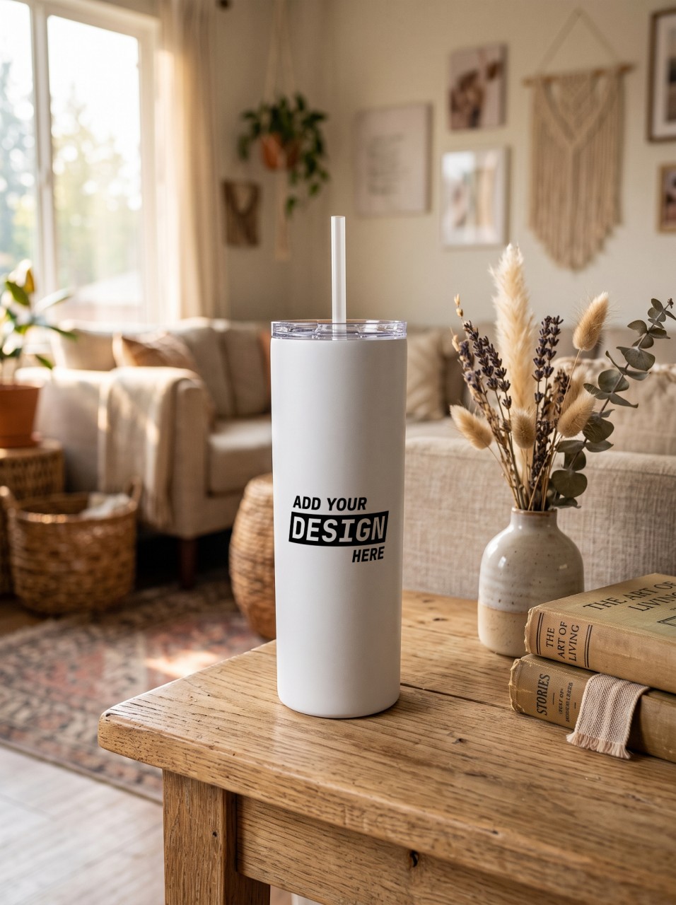 20 oz Skinny Tumbler Mockup on a Boho Side Table