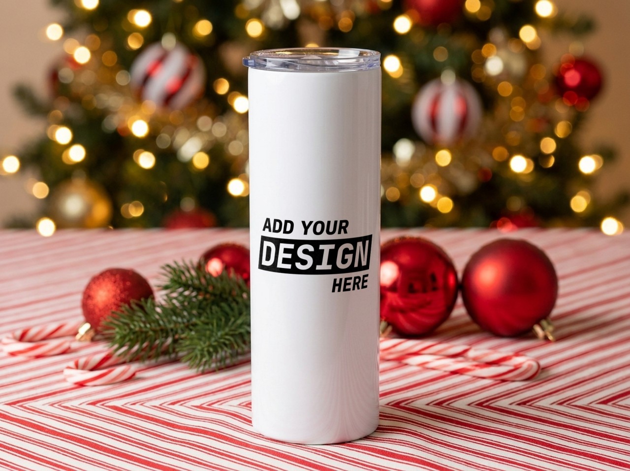 20 oz Skinny Tumbler Christmas Mockup on Candy Cane Stripes by the Tree
