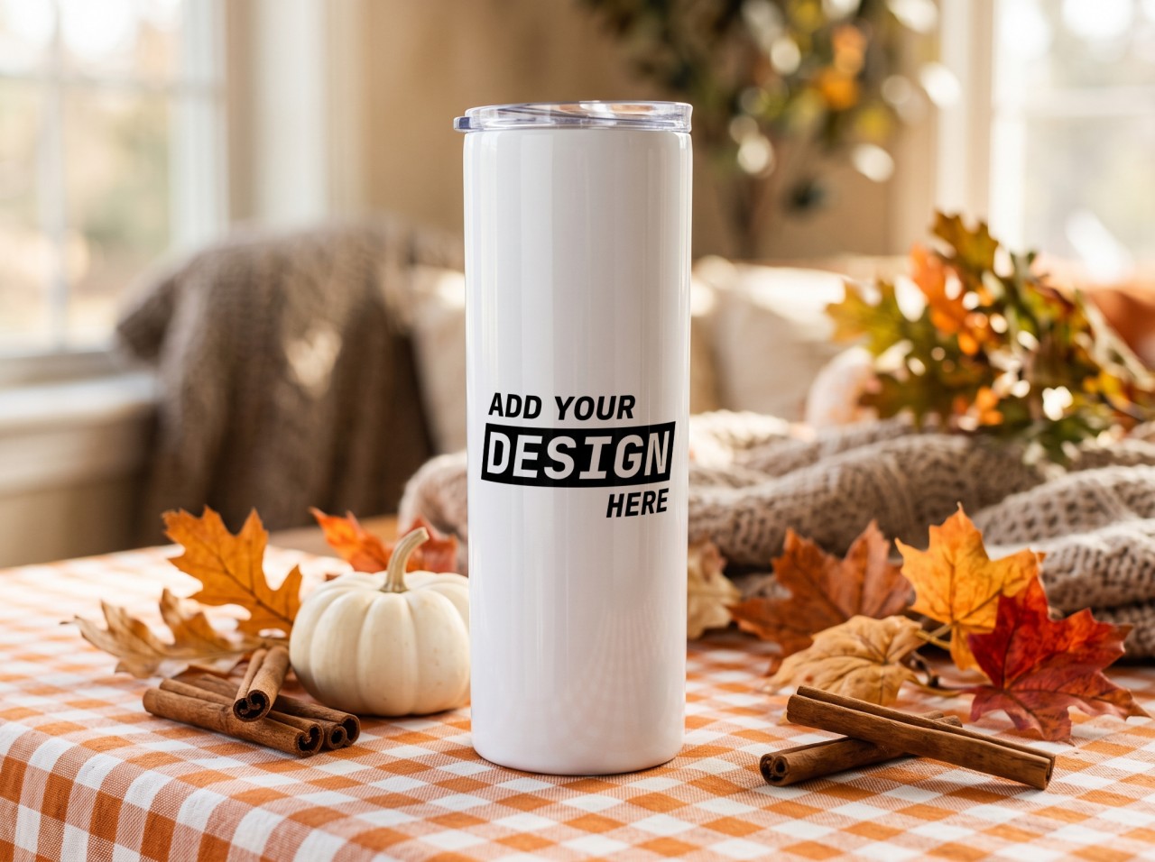 20 oz Skinny Tumbler Halloween Mockup on Orange Gingham with Autumn Leaves