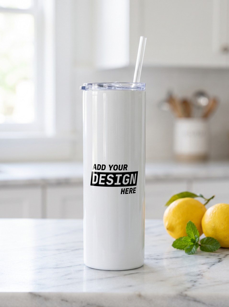 20 oz Skinny Tumbler Mockup on a Marble Kitchen Counter