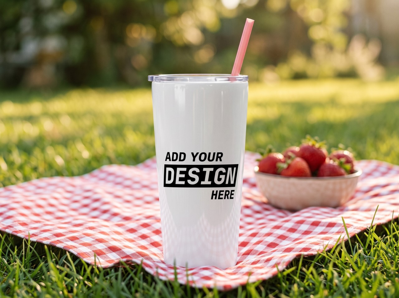 20 oz Tapered Tumbler Mockup on a Gingham Picnic Blanket
