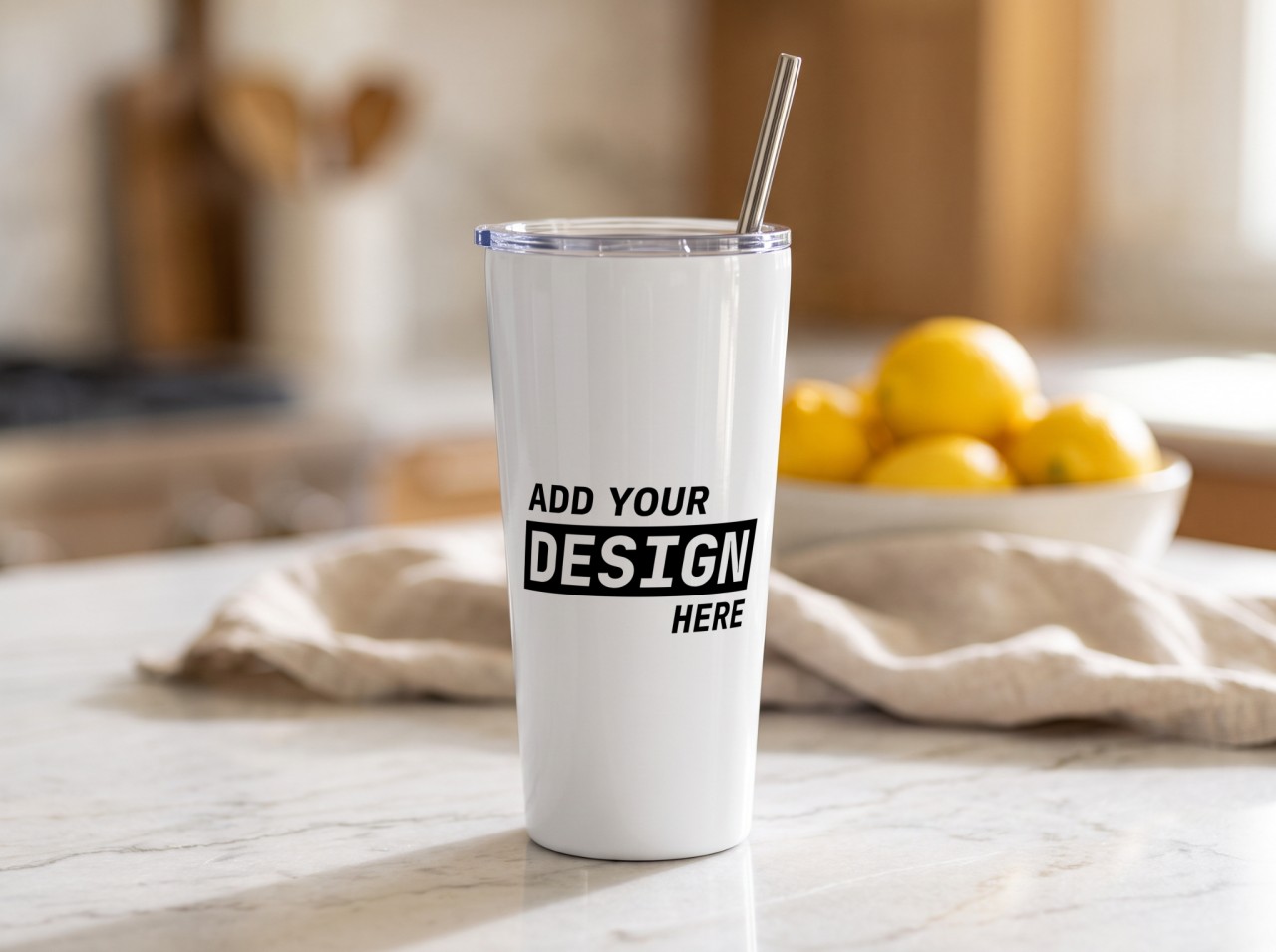 20 oz Tapered Tumbler Mockup on a Marble Kitchen Counter with Lemons