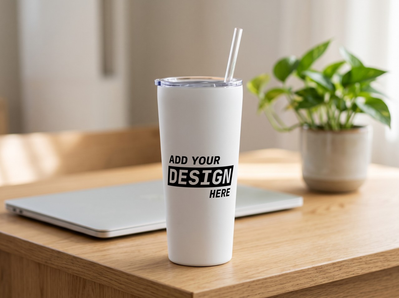 20 oz Tapered Tumbler Mockup on an Oak Desk with a Plant